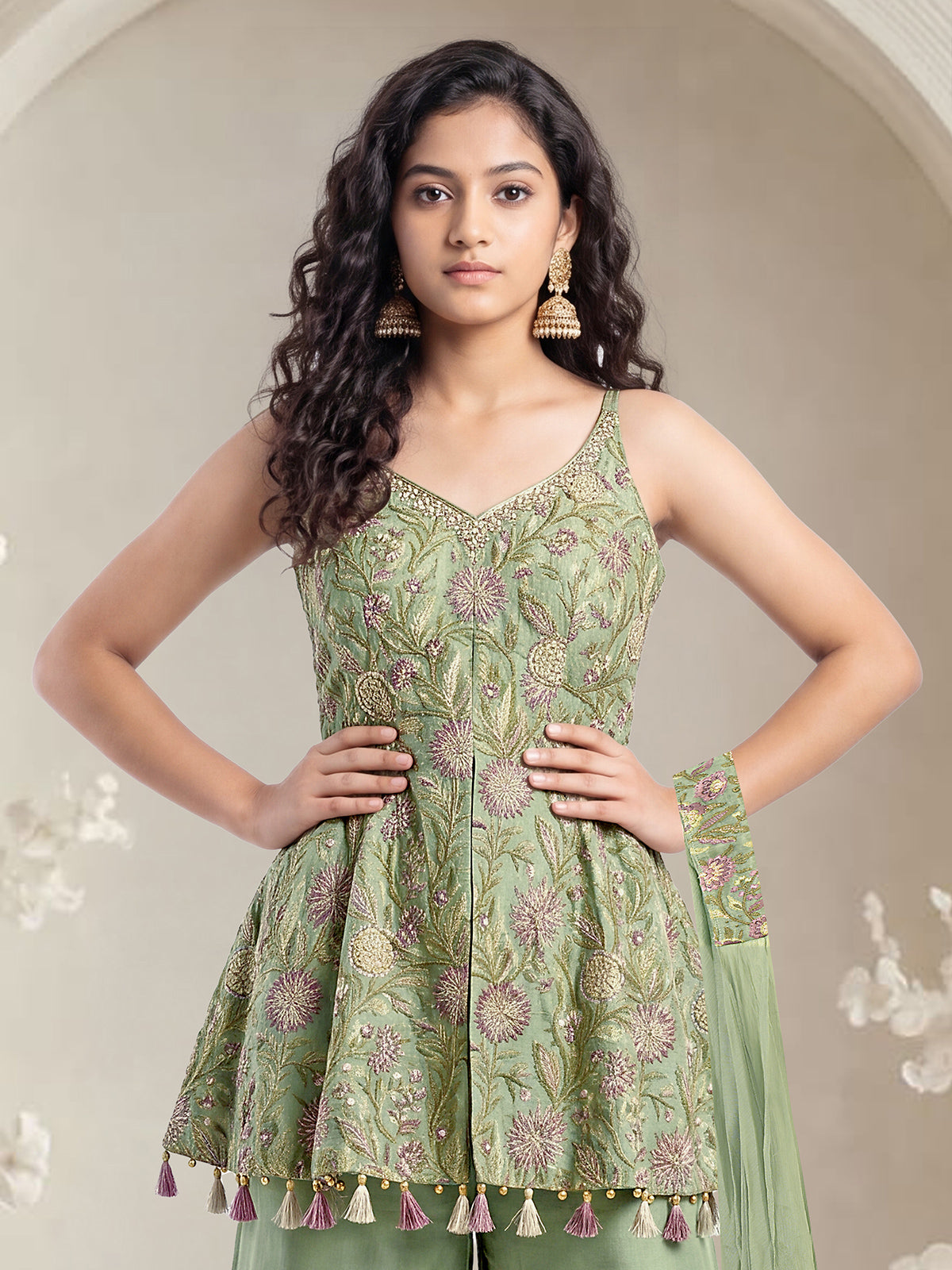 Green charming girls peplum palazzo suit