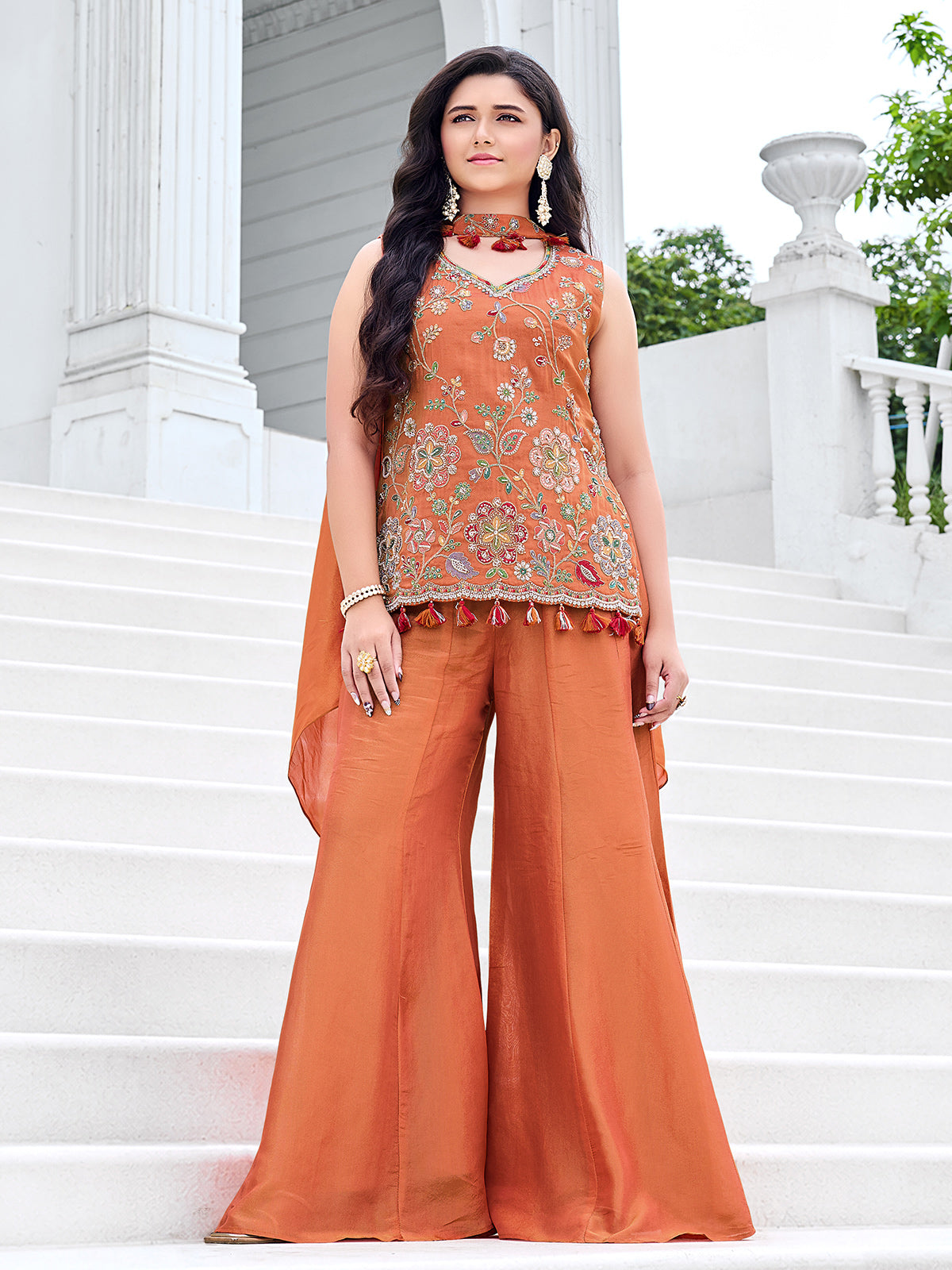 Rust orange kashmiri girls designer palazzo suit