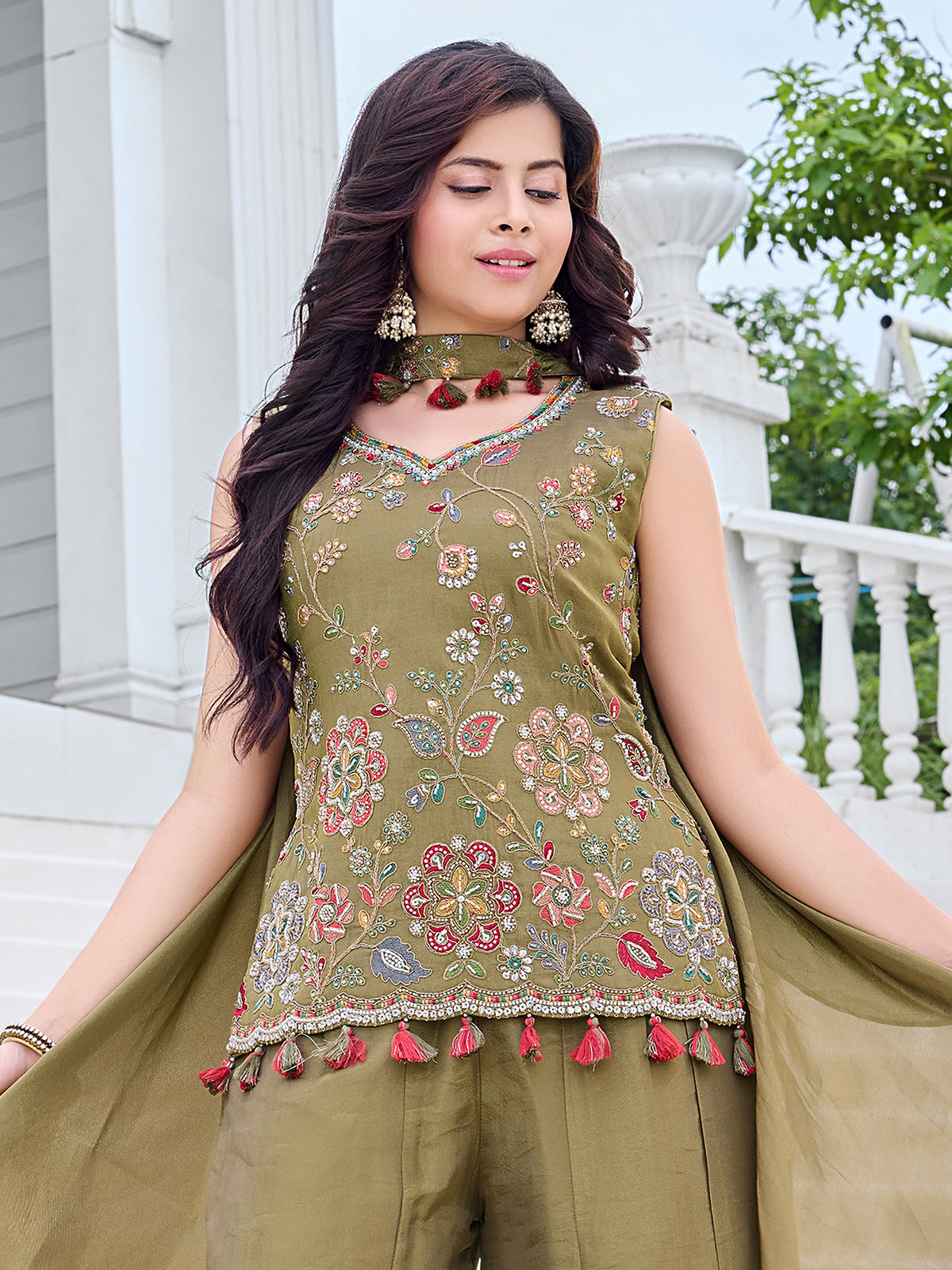 Mehendi green kashmiri girls palazzo suit
