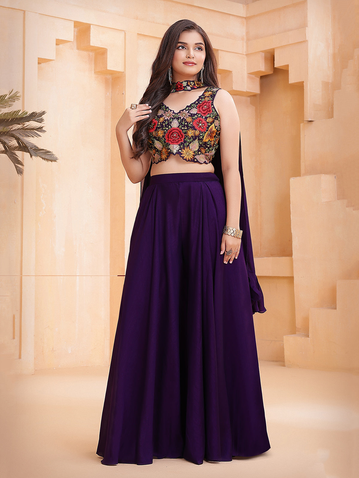Purple vibrant girls palazzo suit with choker