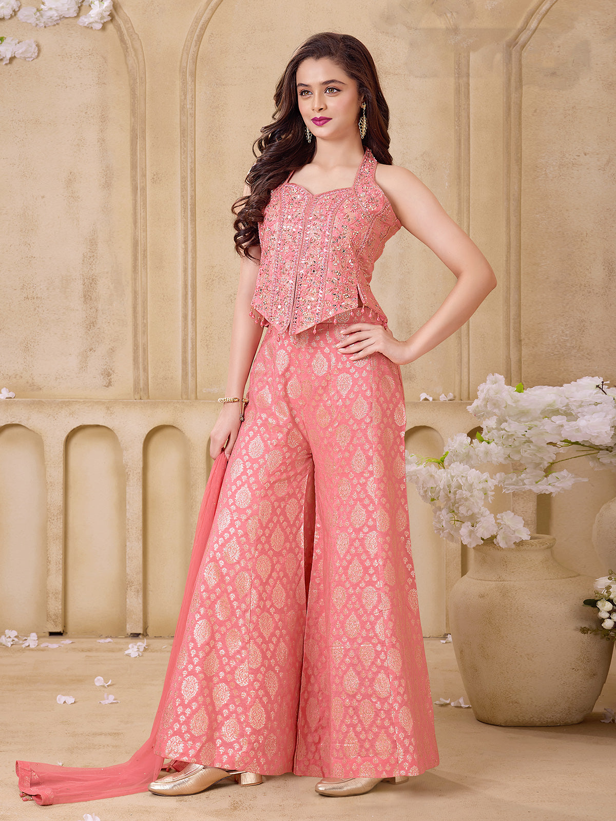 Pink embellished girls designer palazzo suit