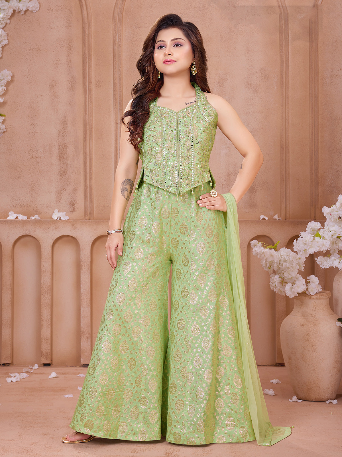 Green ornate girls designer palazzo suit
