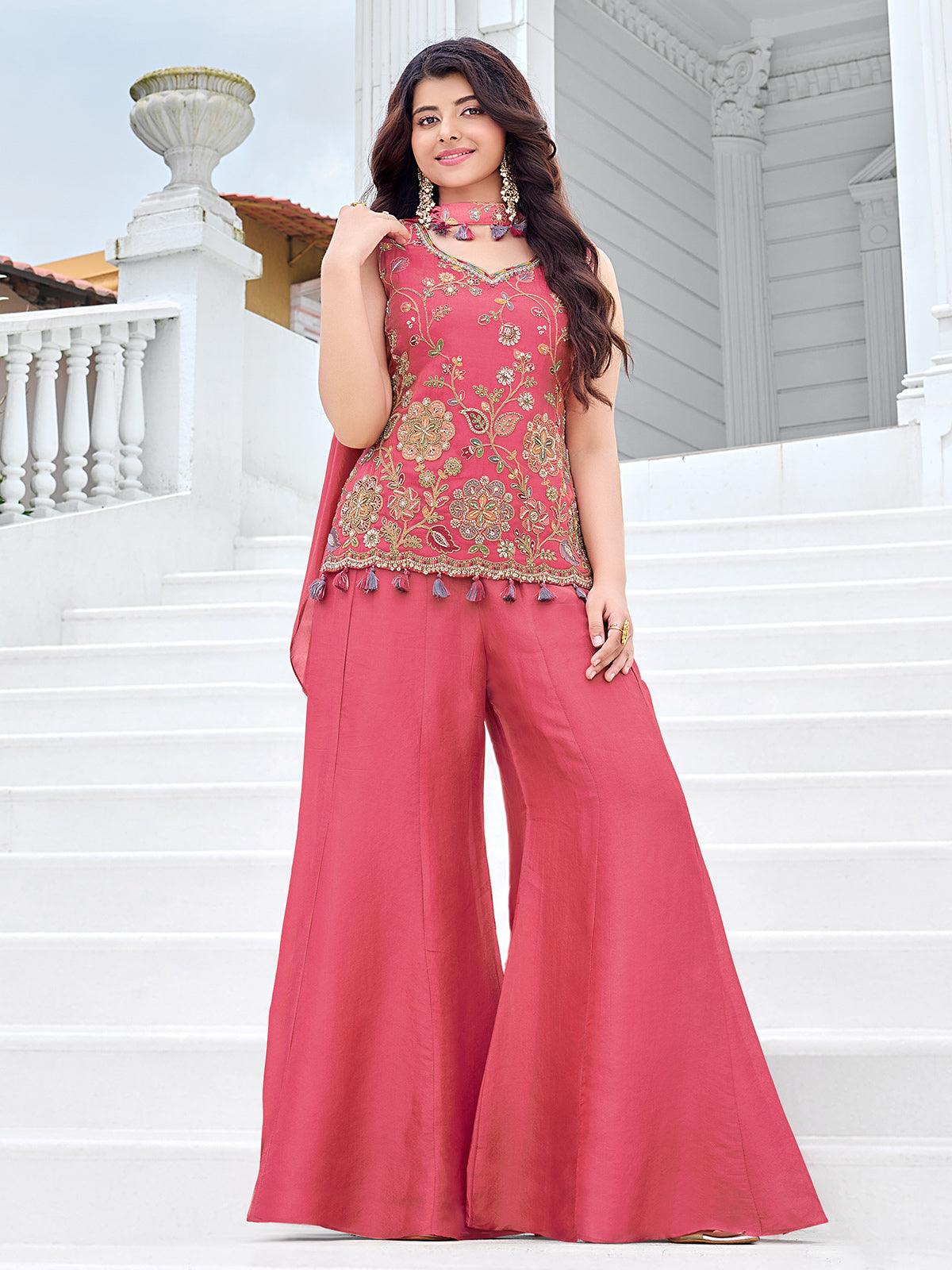 Pink kashmiri girls festive palazzo suit