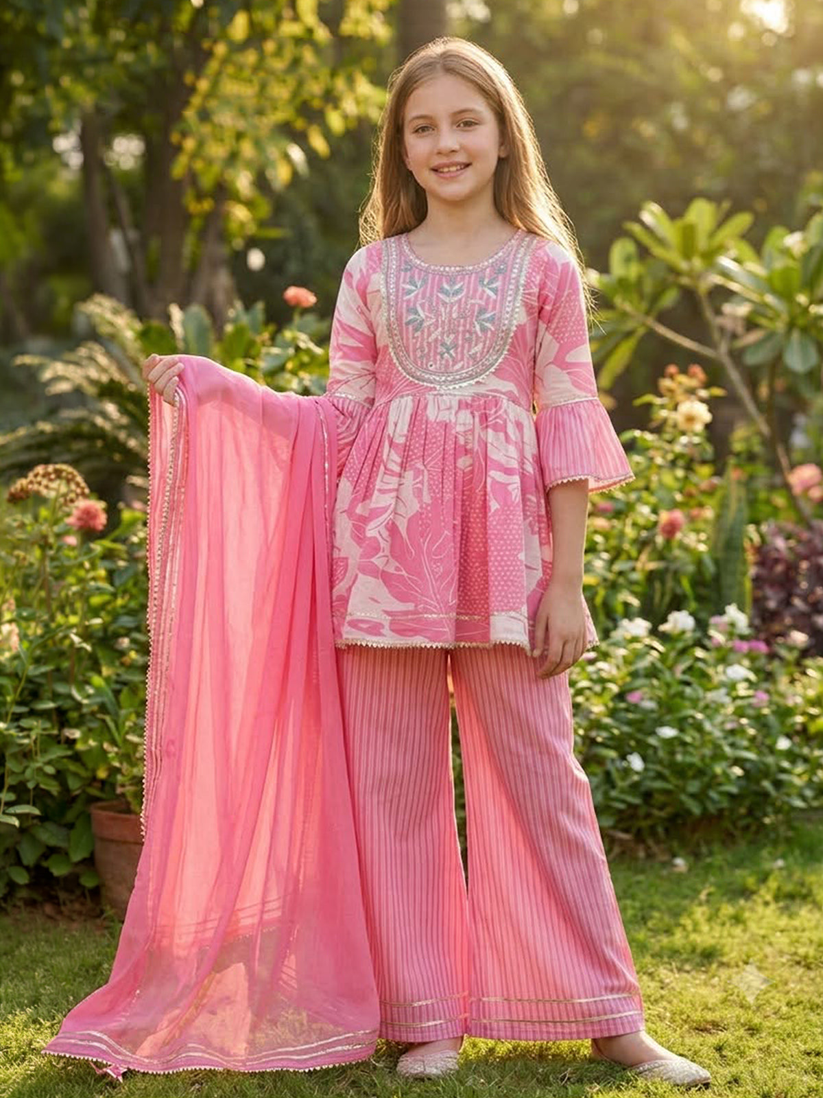 Pink floral printed girls palazzo suit