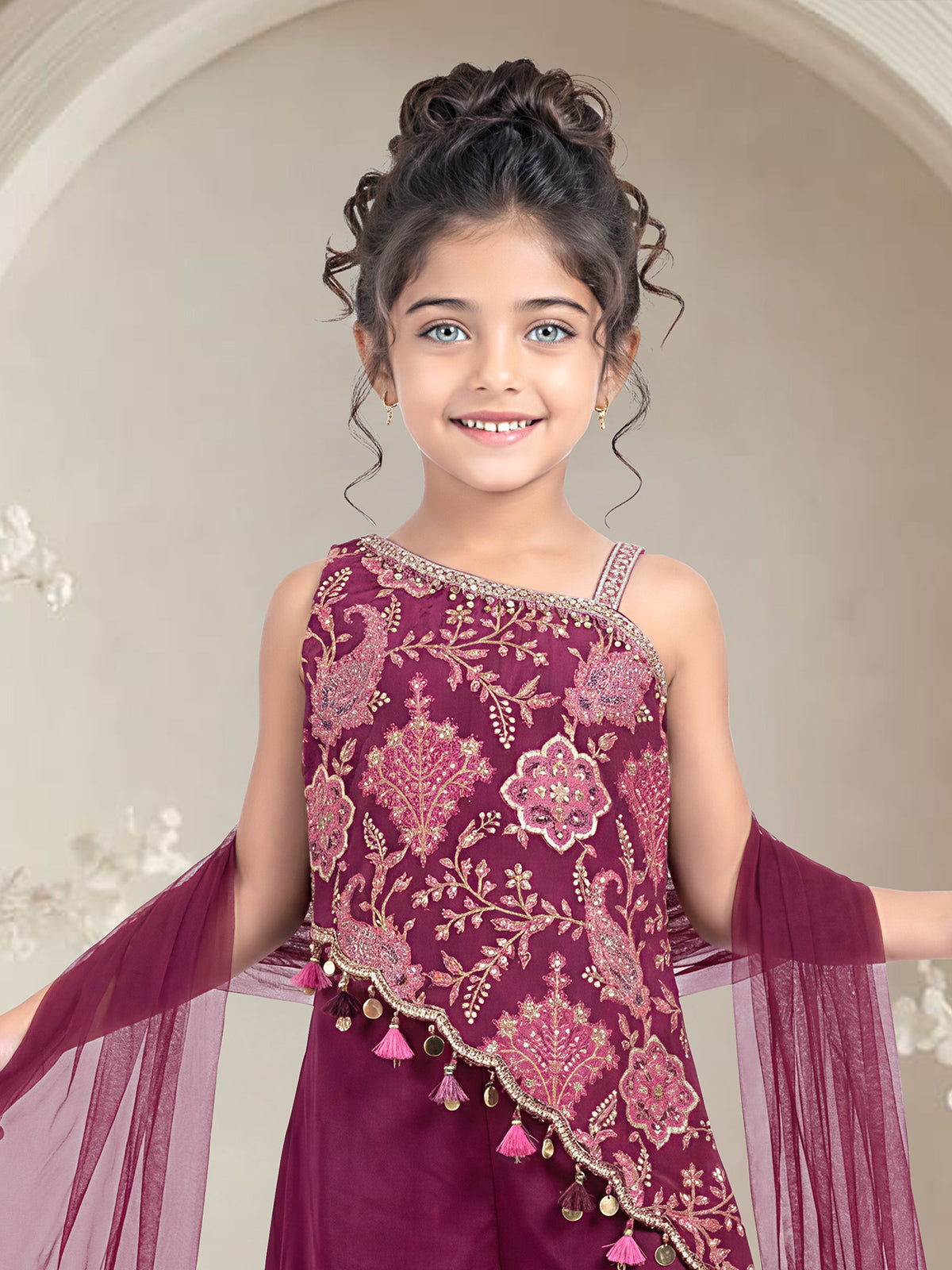 Wine dramatic girls designer palazzo suit