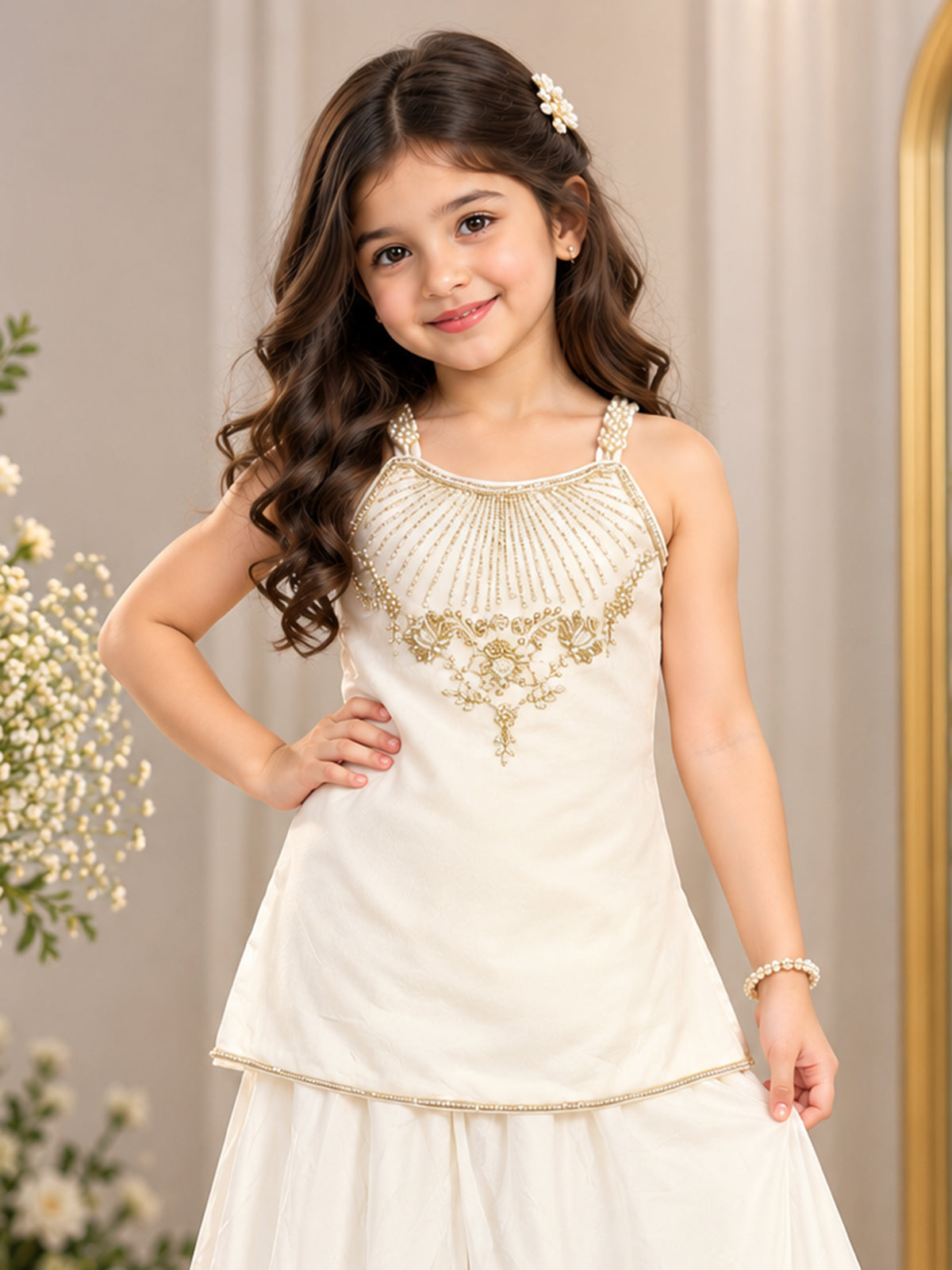 White pearl girls designer palazzo suit