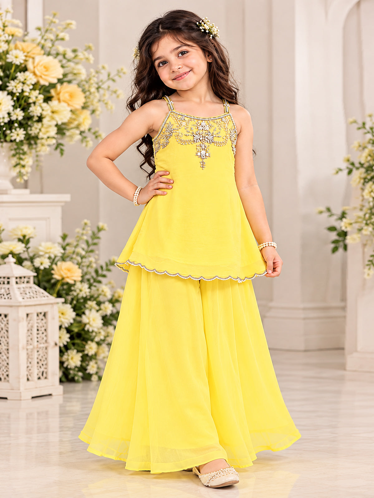 Yellow radiant girls festive palazzo suit