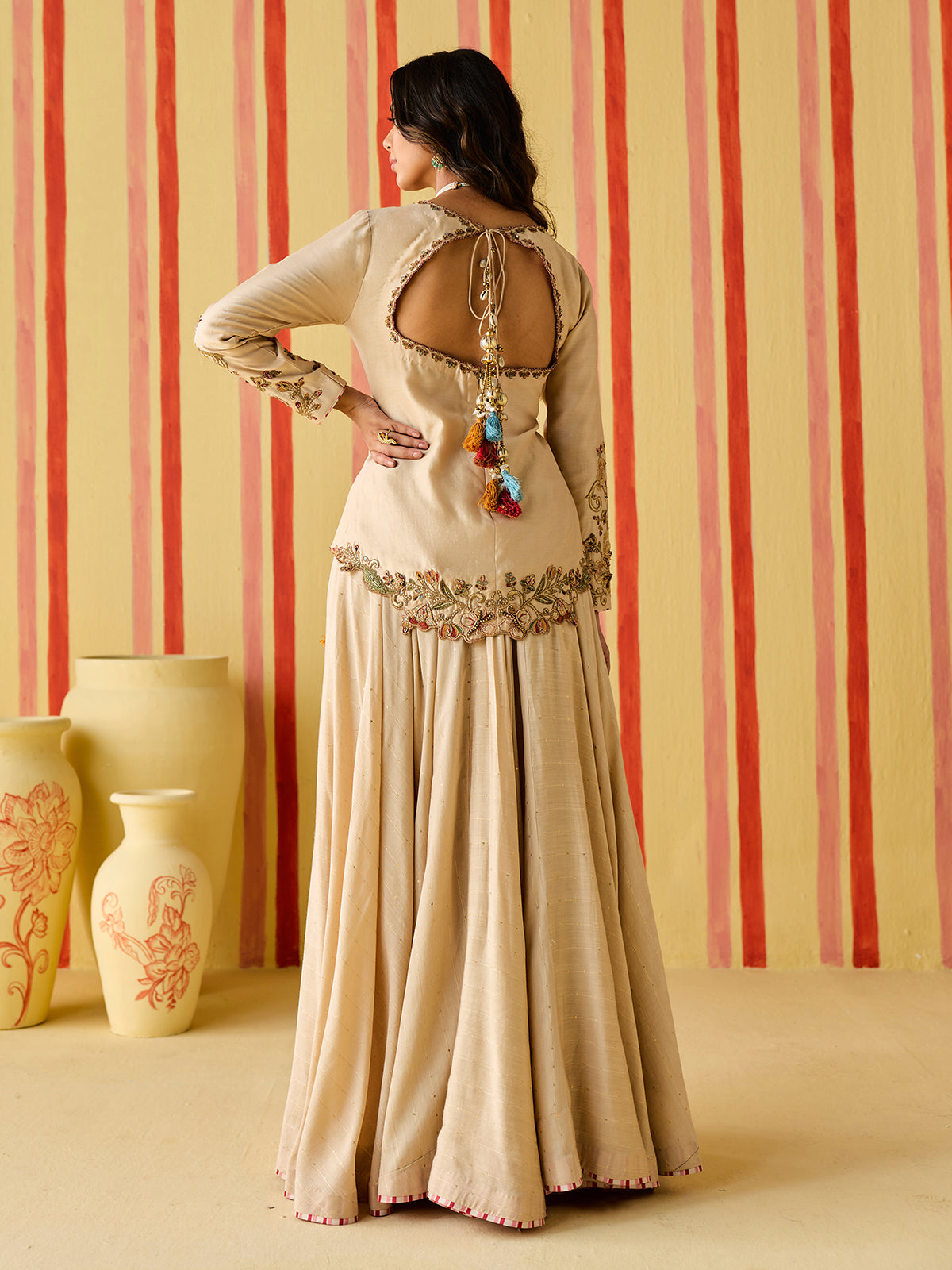 Beige silk designer lehenga choli with thread detailing