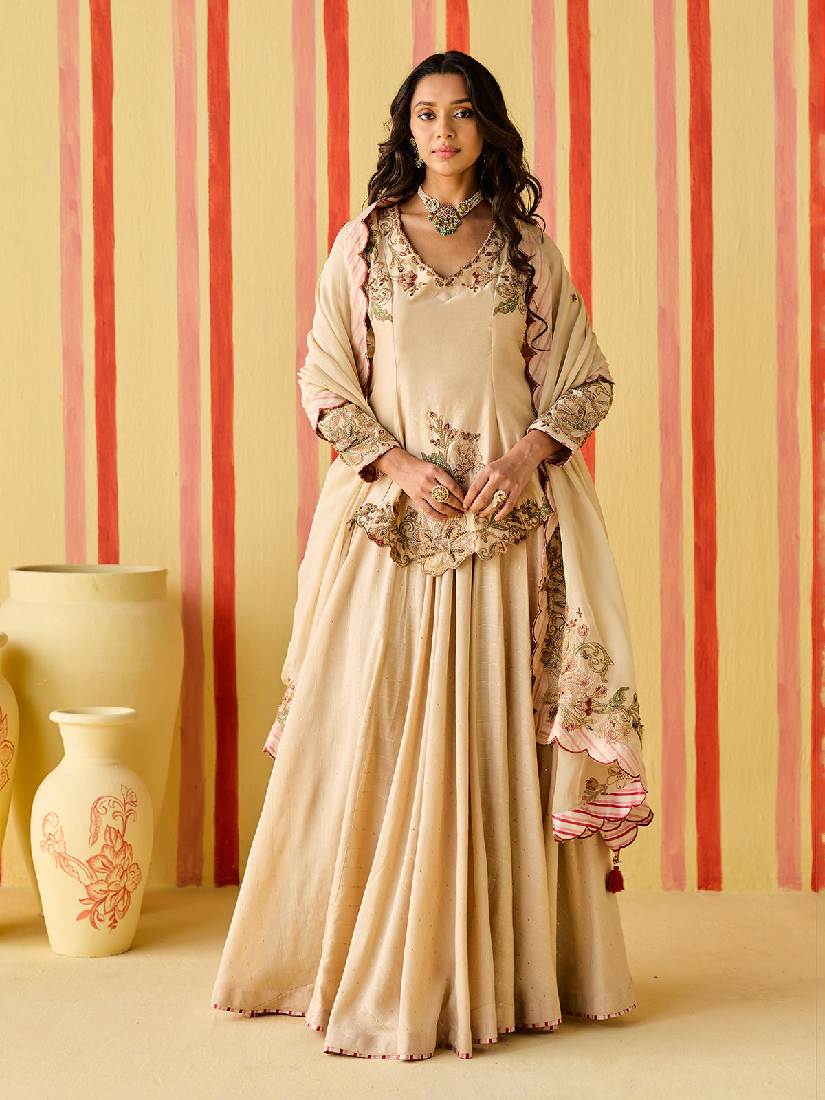 Beige silk designer lehenga choli with thread detailing