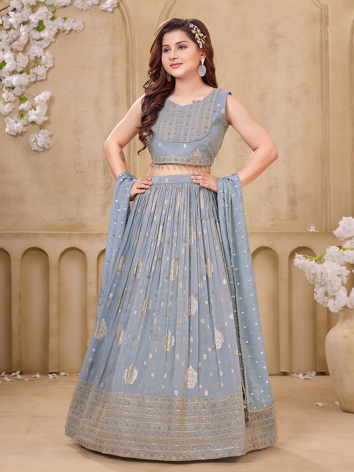 Stone blue embellished girls lehenga choli