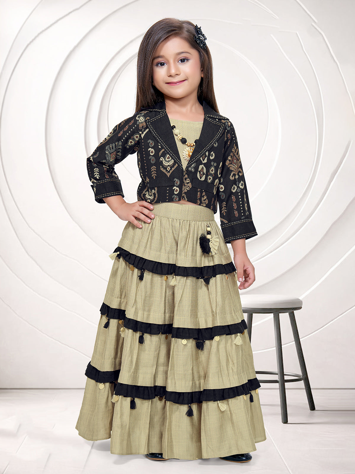 Olive green girls lehenga choli with jacket