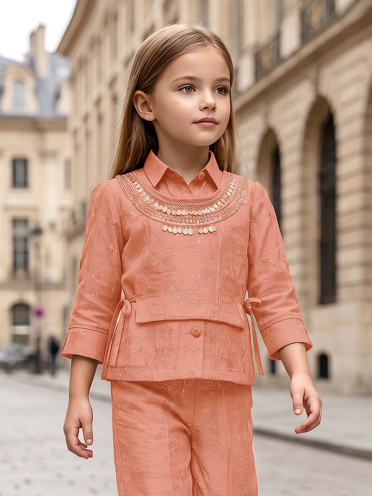 Dark peach embellished girls co-ord set