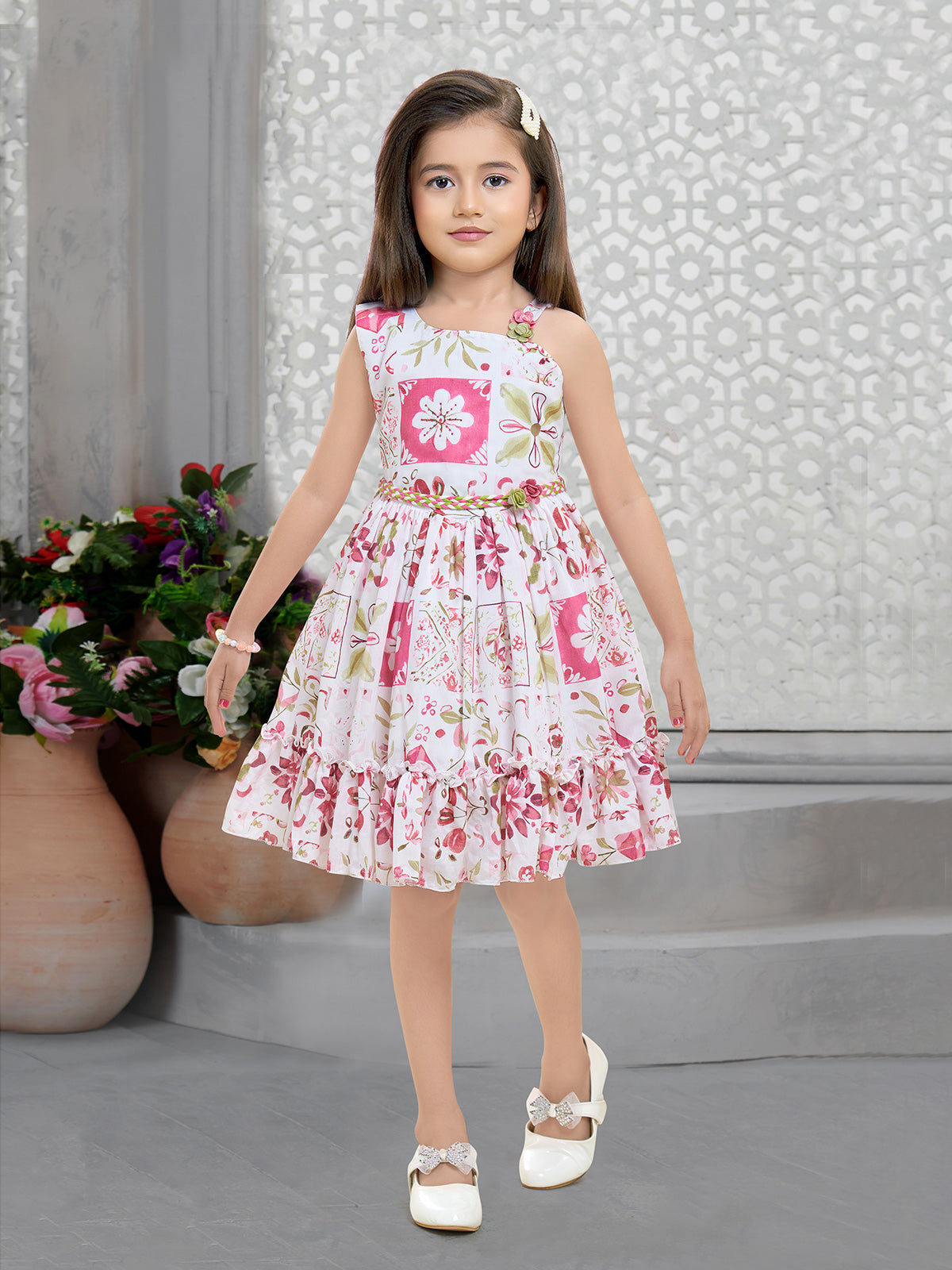 White pink floral girls frock with belt