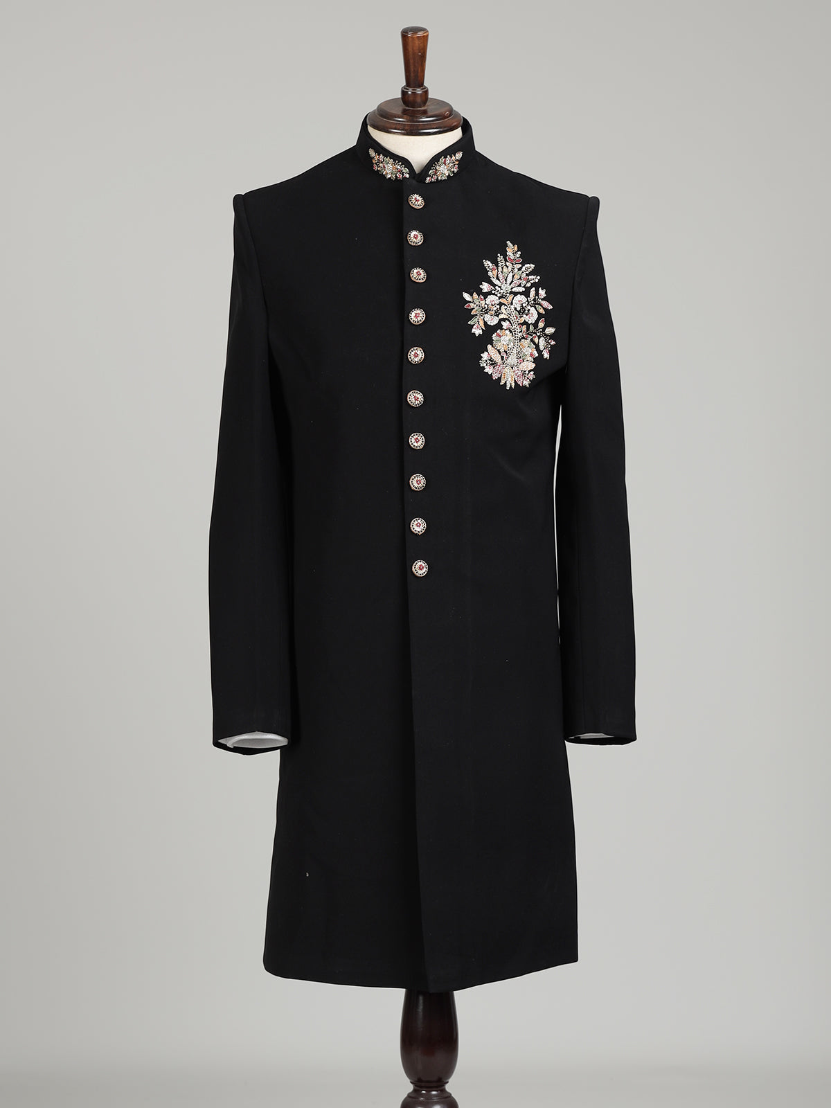 Black terry rayon embellished floral crest sherwani for mens weddings