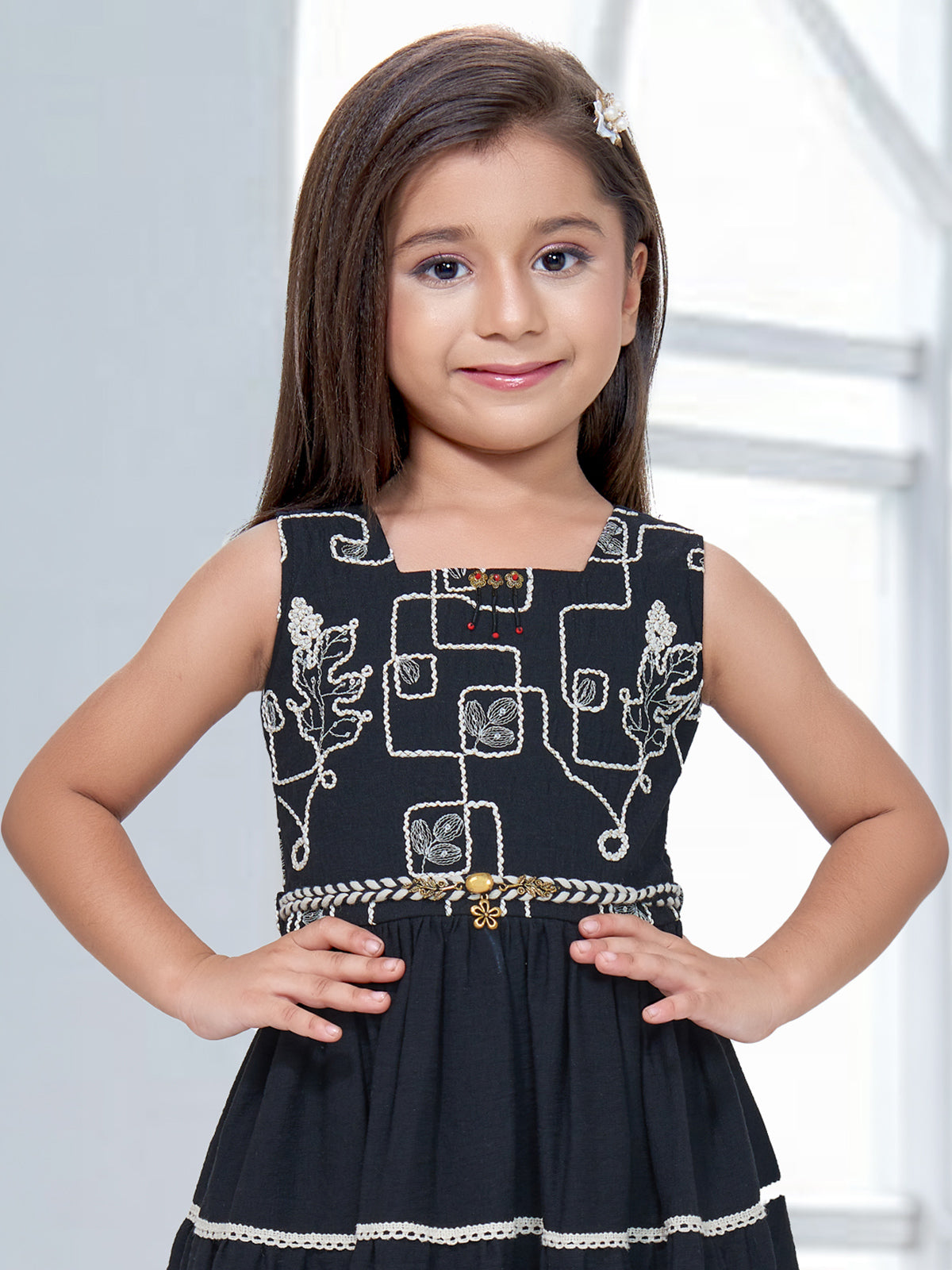 Black geometric embroidered girls gown jacket