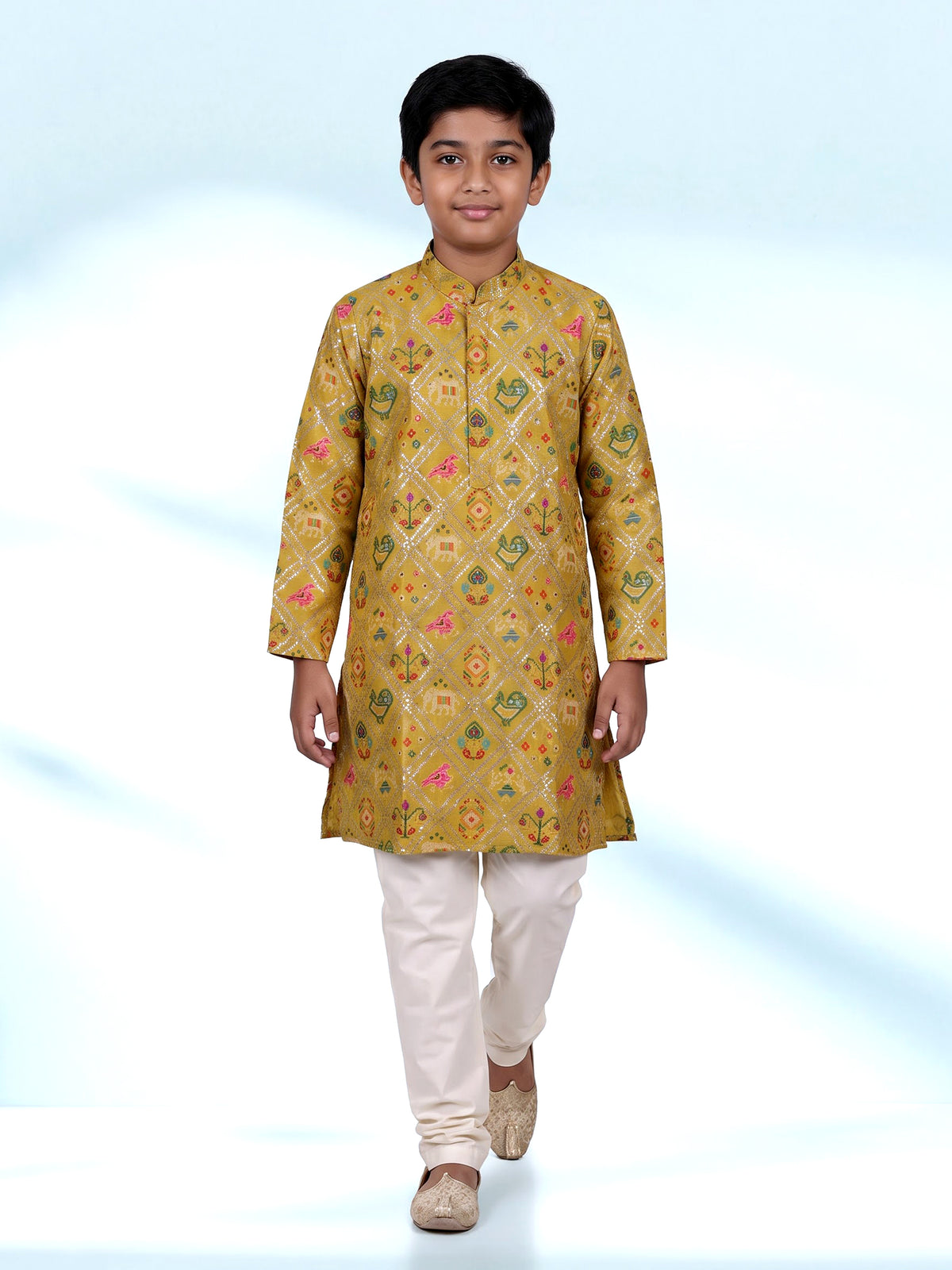 Mustard yellow silk boys kurta pajama with Patola detailing