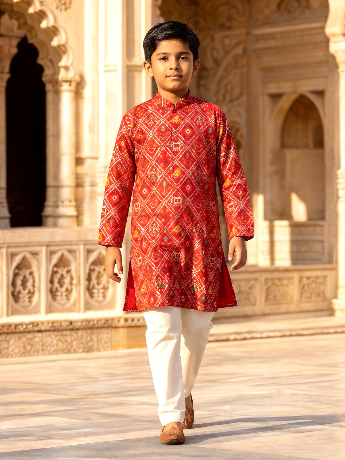 Red silk boys kurta pajama set with Patola motifs