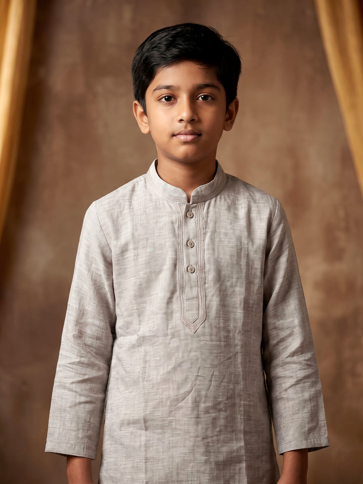 Heather grey linen boys kurta pajama set with tonal embroidery