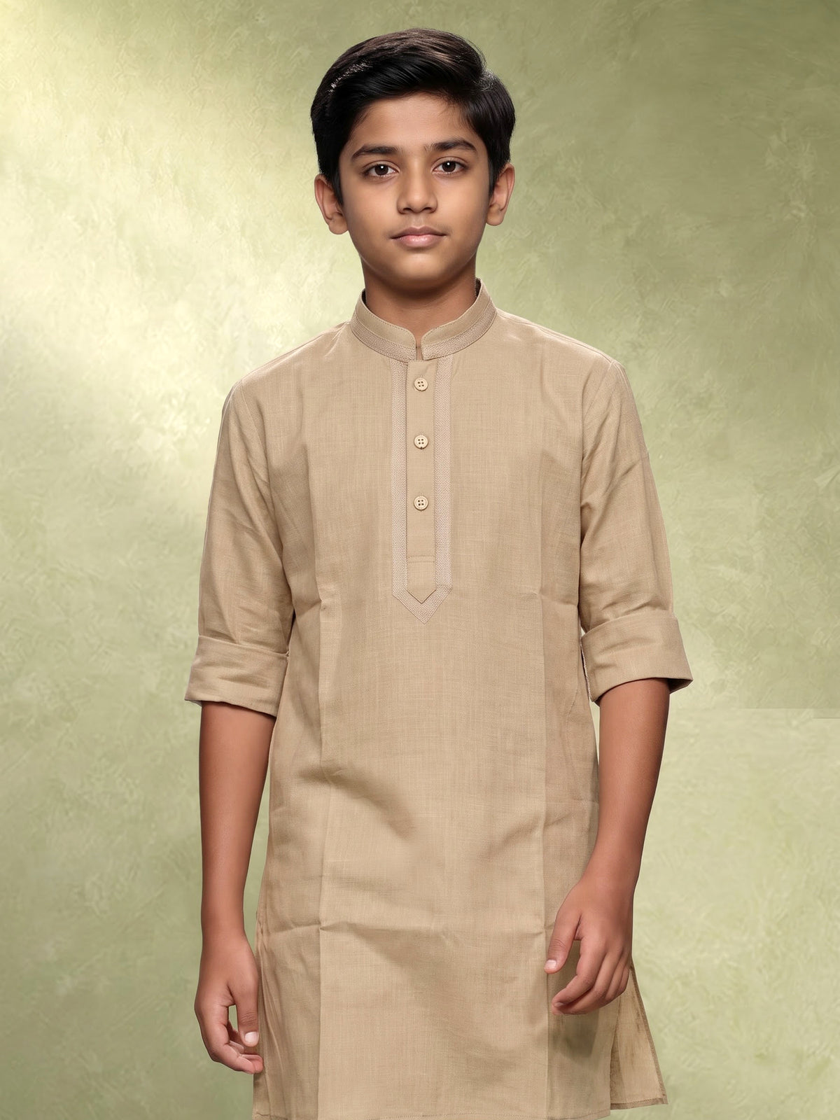 Khaki linen boys kurta pajama set with geometric embroidery