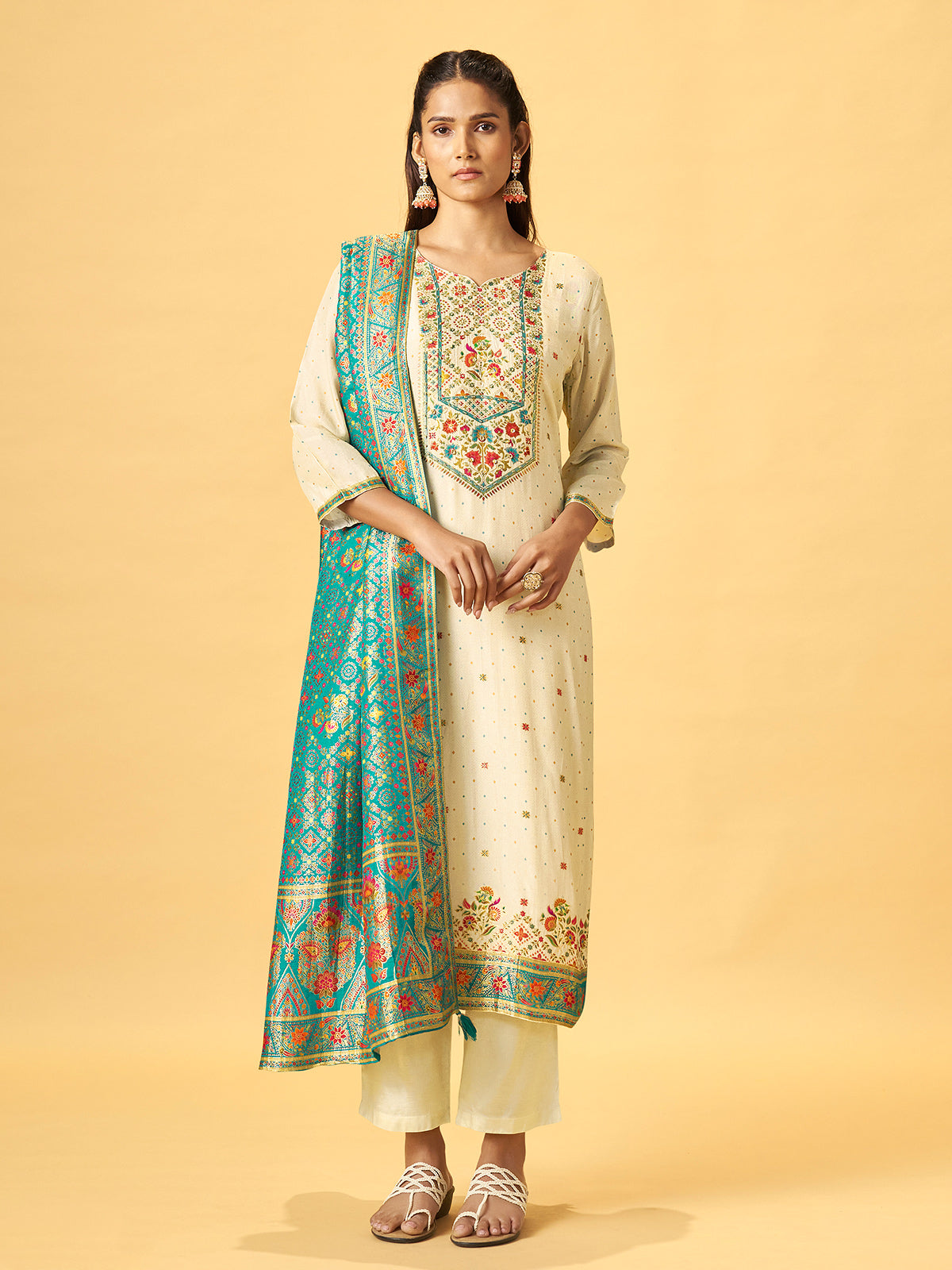Off white cotton blend kurti set with teal jacquard dupatta