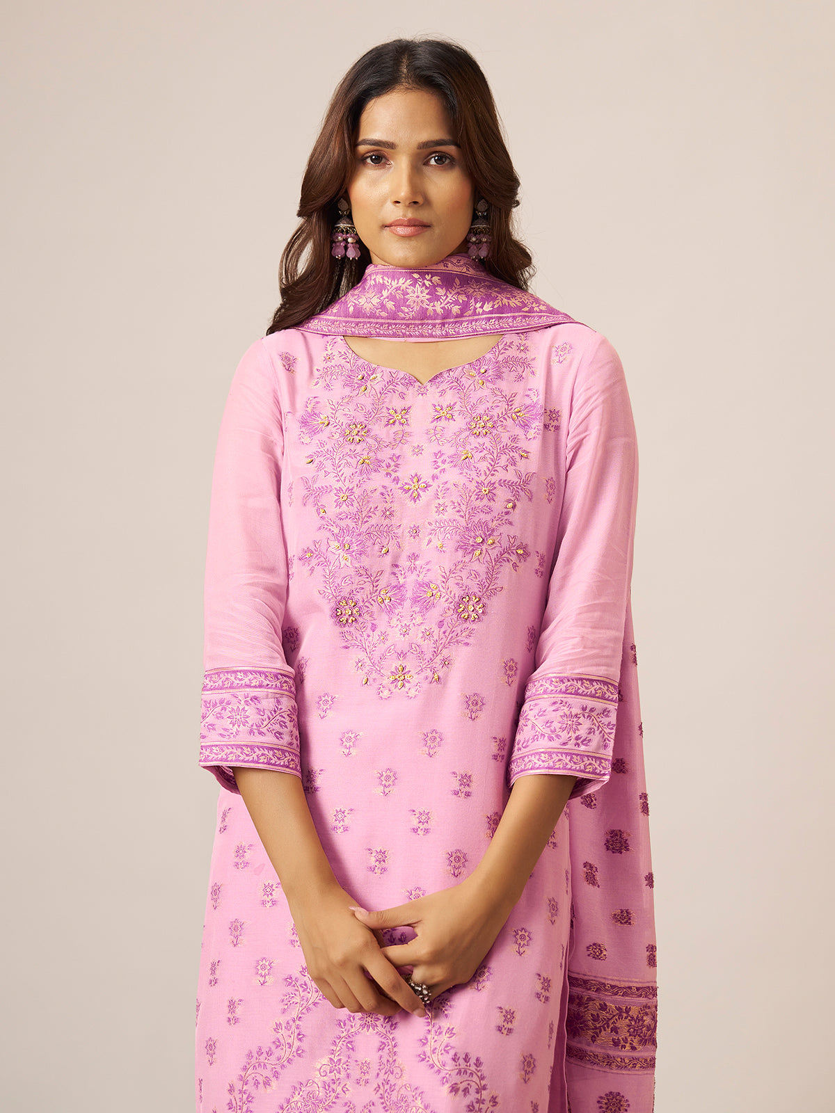 Soft pink cotton blend kurti set with kashmiri motifs