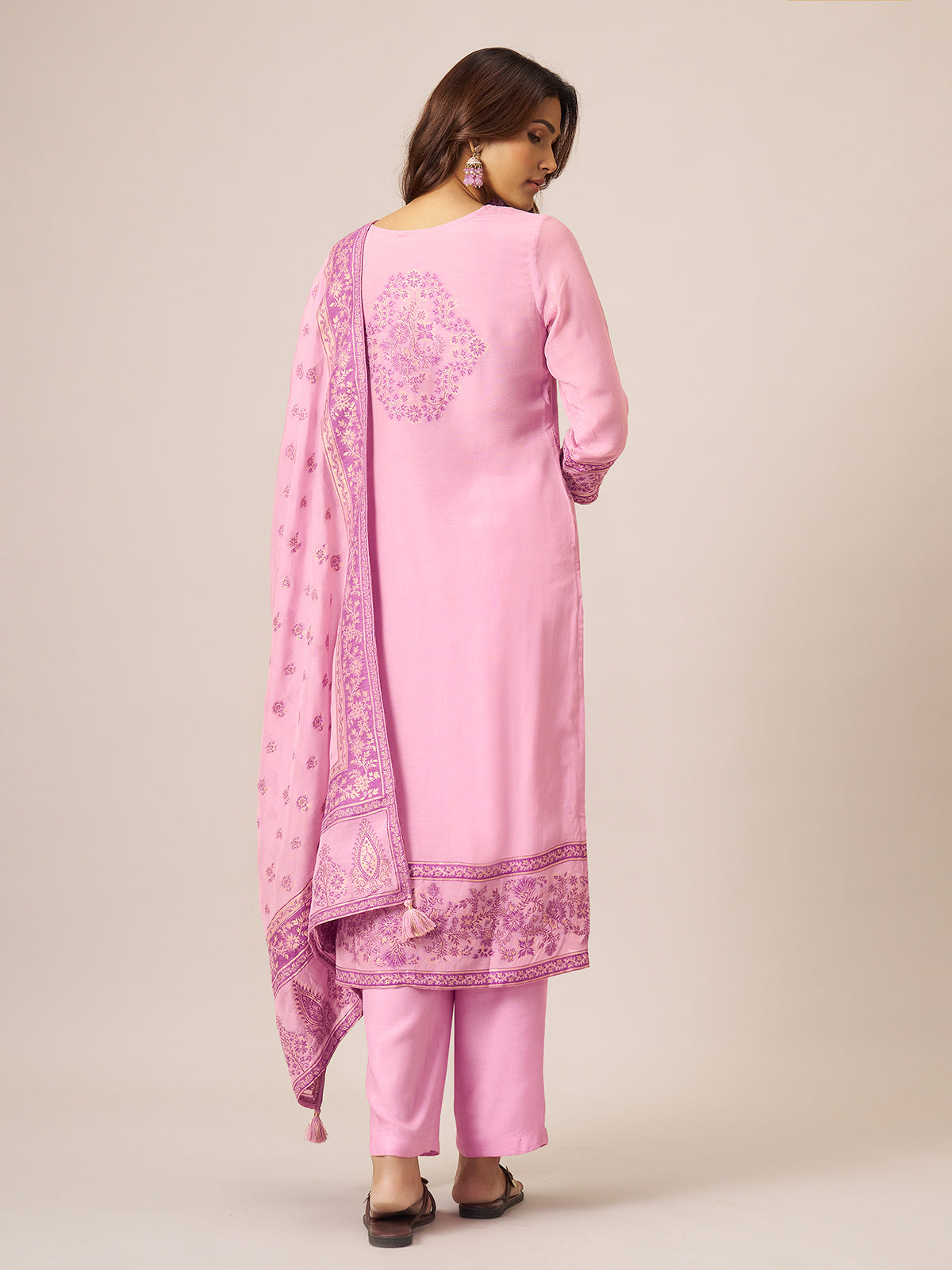 Soft pink cotton blend kurti set with kashmiri motifs