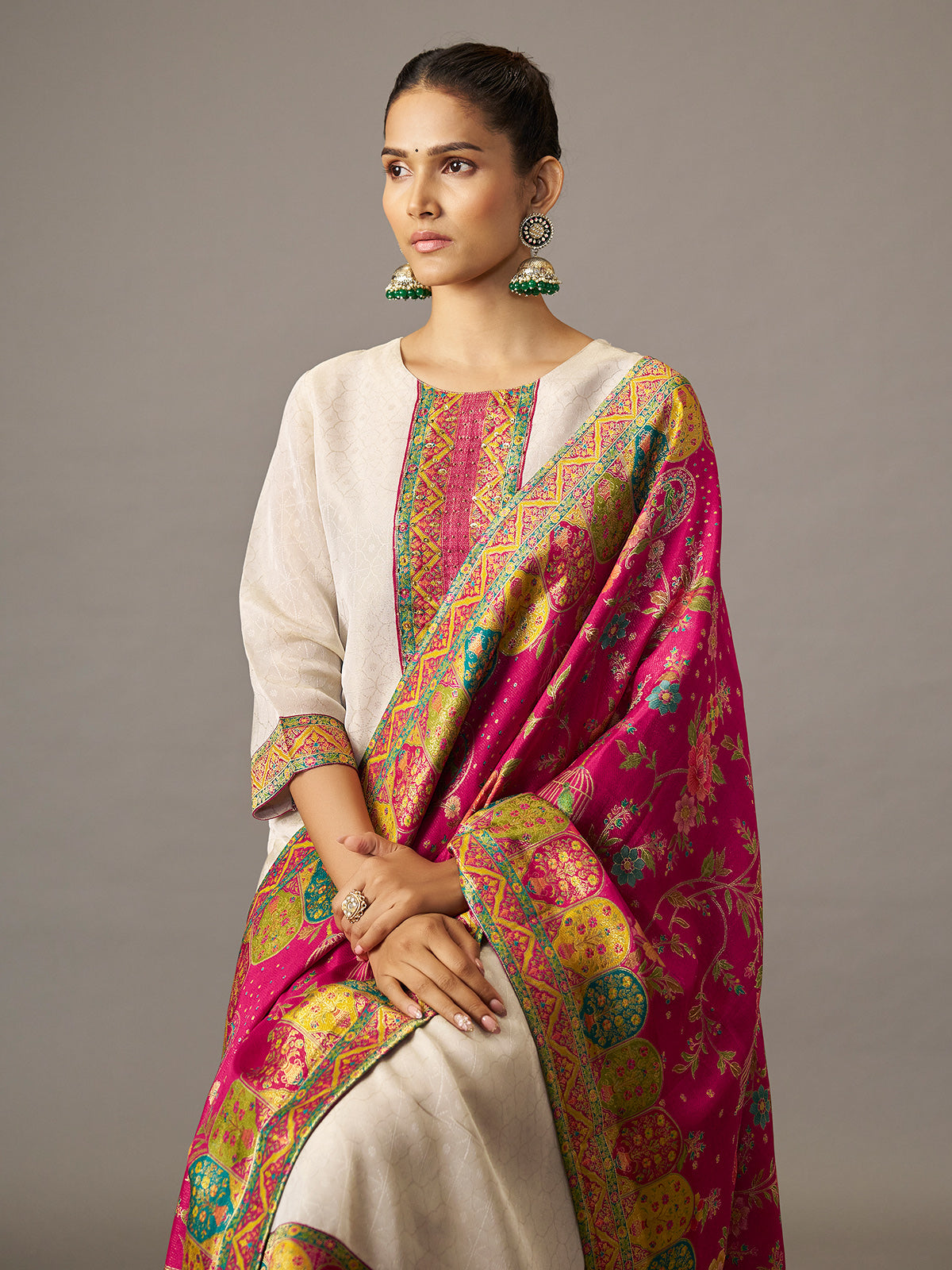 Off white ethnic kurti set with Rani pink jacquard dupatta