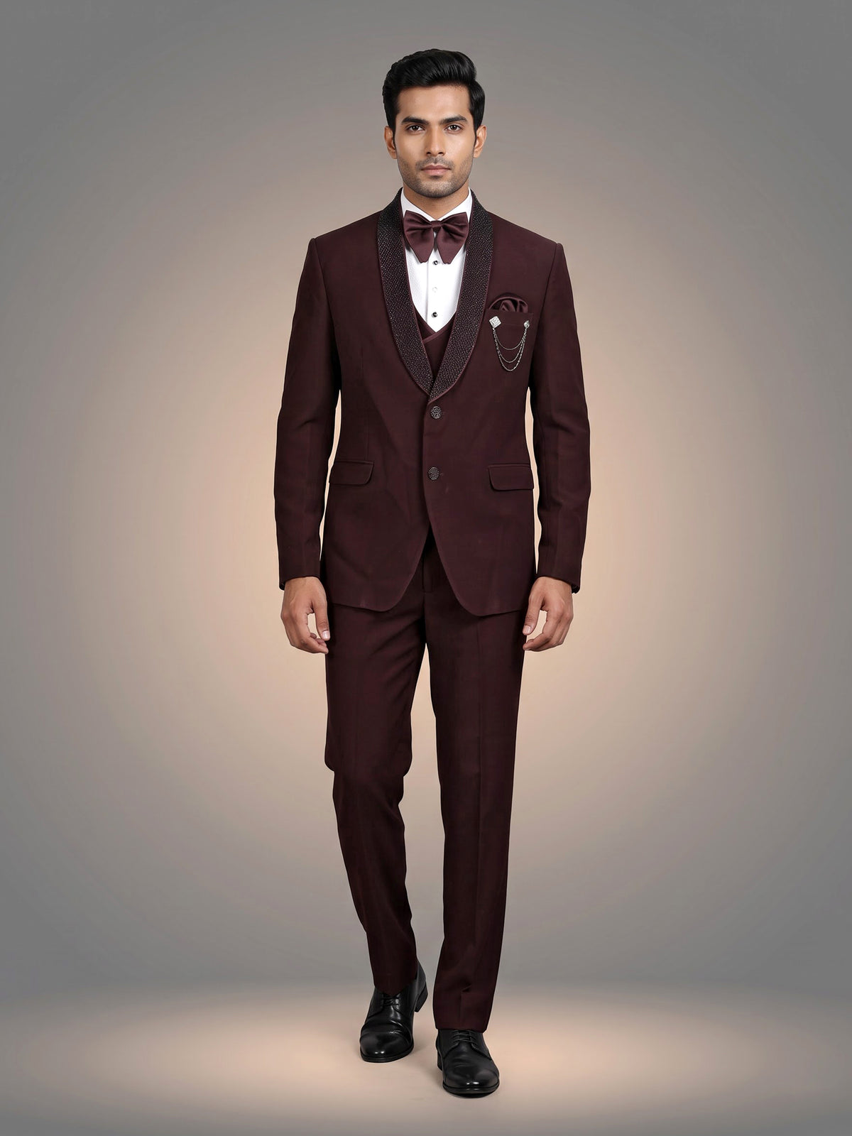 Wine maroon three-piece tuxedo suit with crystal brooch