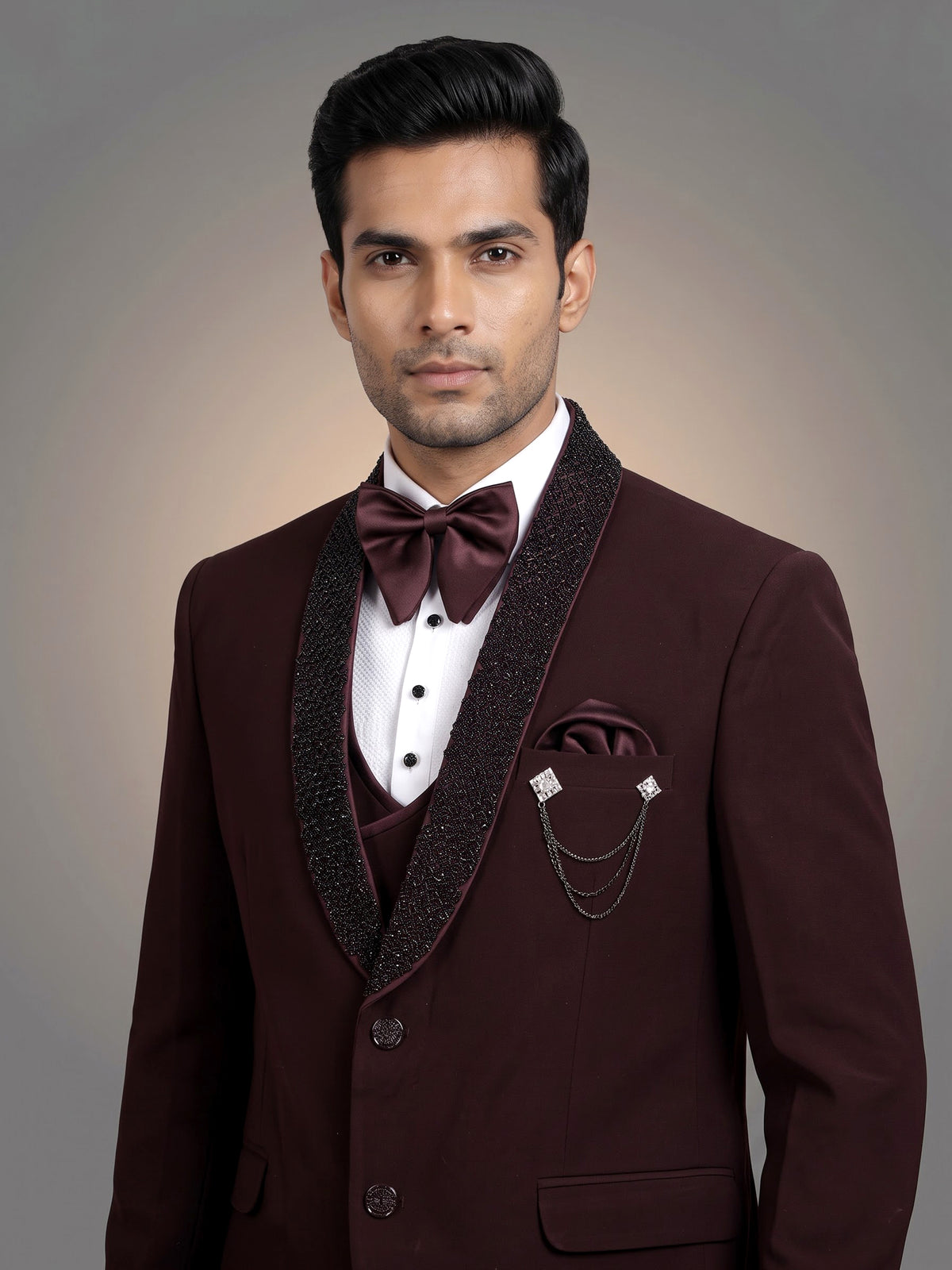 Wine maroon three-piece tuxedo suit with crystal brooch