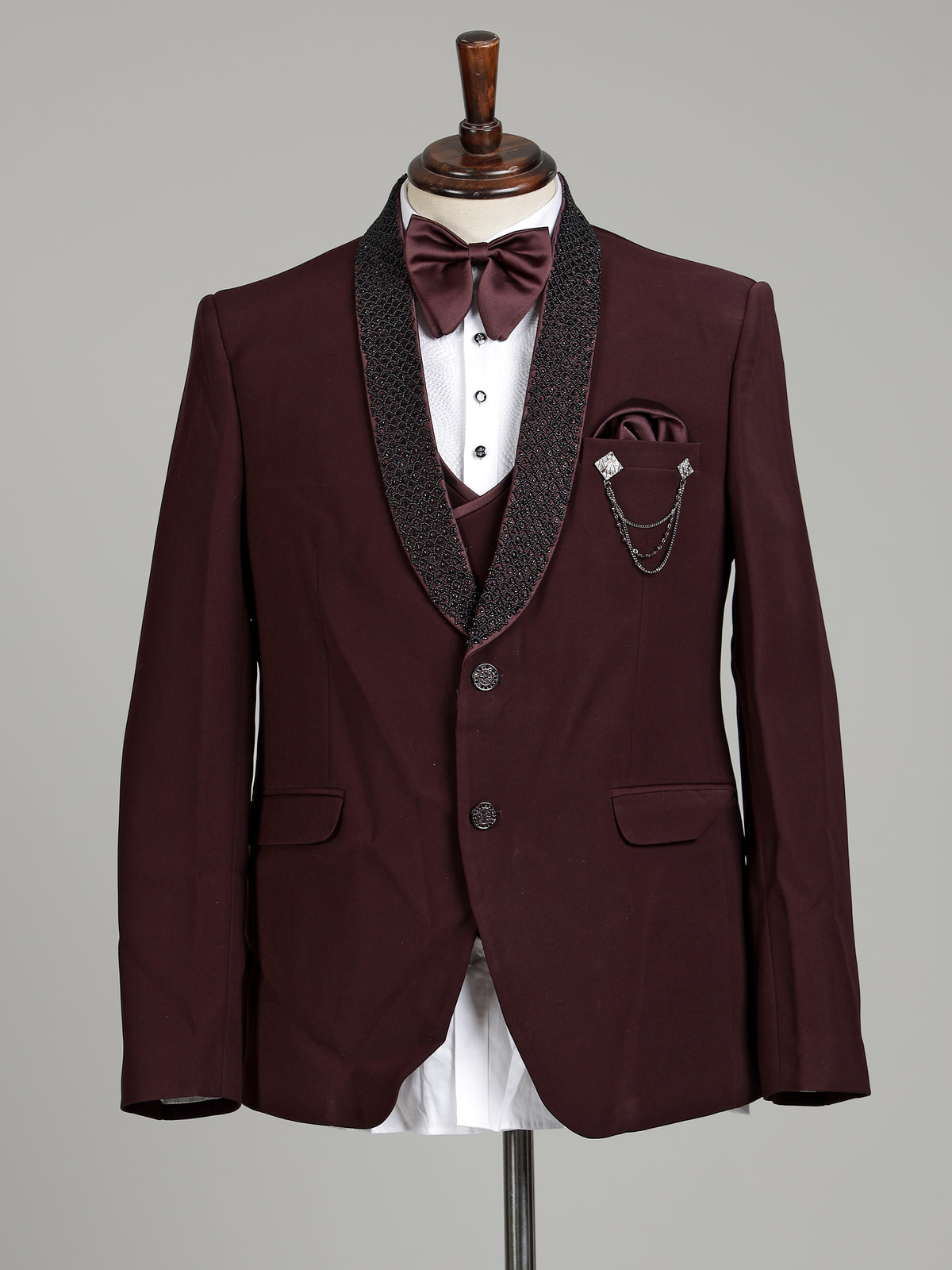 Wine maroon three-piece tuxedo suit with crystal brooch