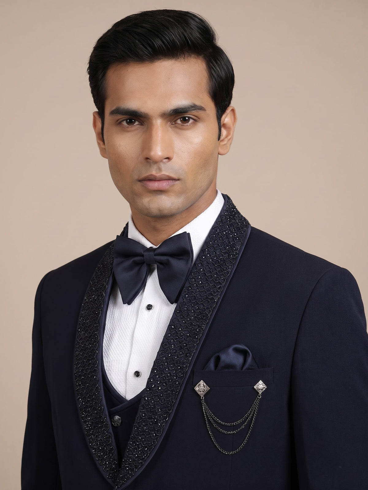 Midnight navy three-piece tuxedo suit with embellished shawl lapel