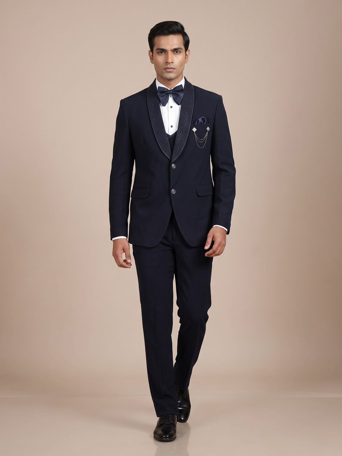 Midnight navy three-piece tuxedo suit with embellished shawl lapel