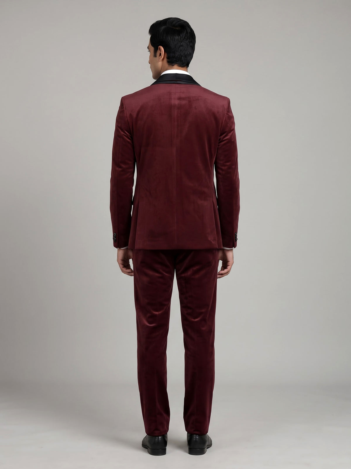 Rich maroon tuxedo suit with black satin shawl lapel