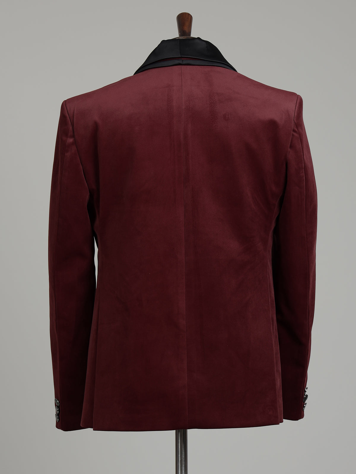 Rich maroon tuxedo suit with black satin shawl lapel