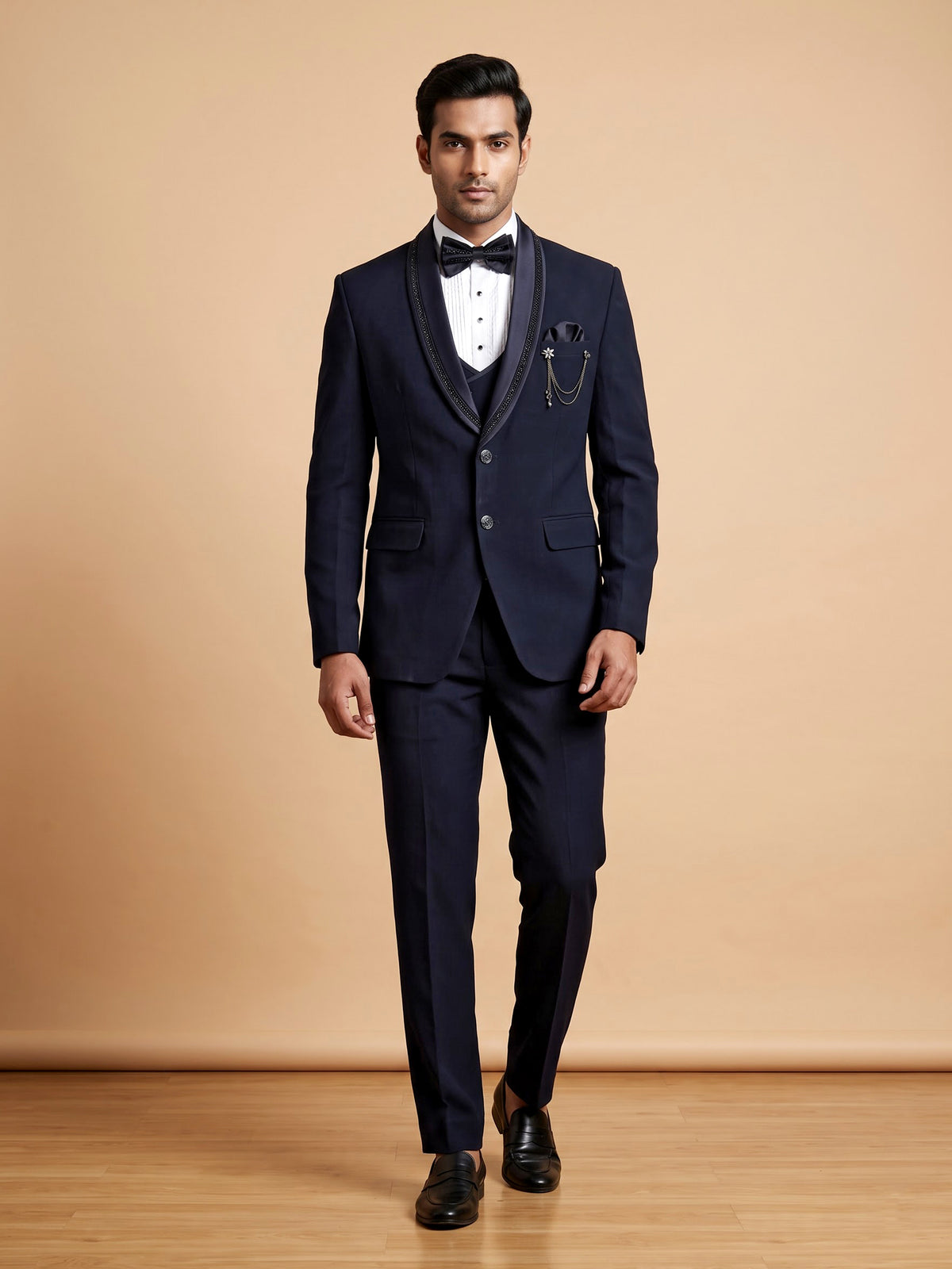 Midnight navy three-piece reception wear tuxedo suit