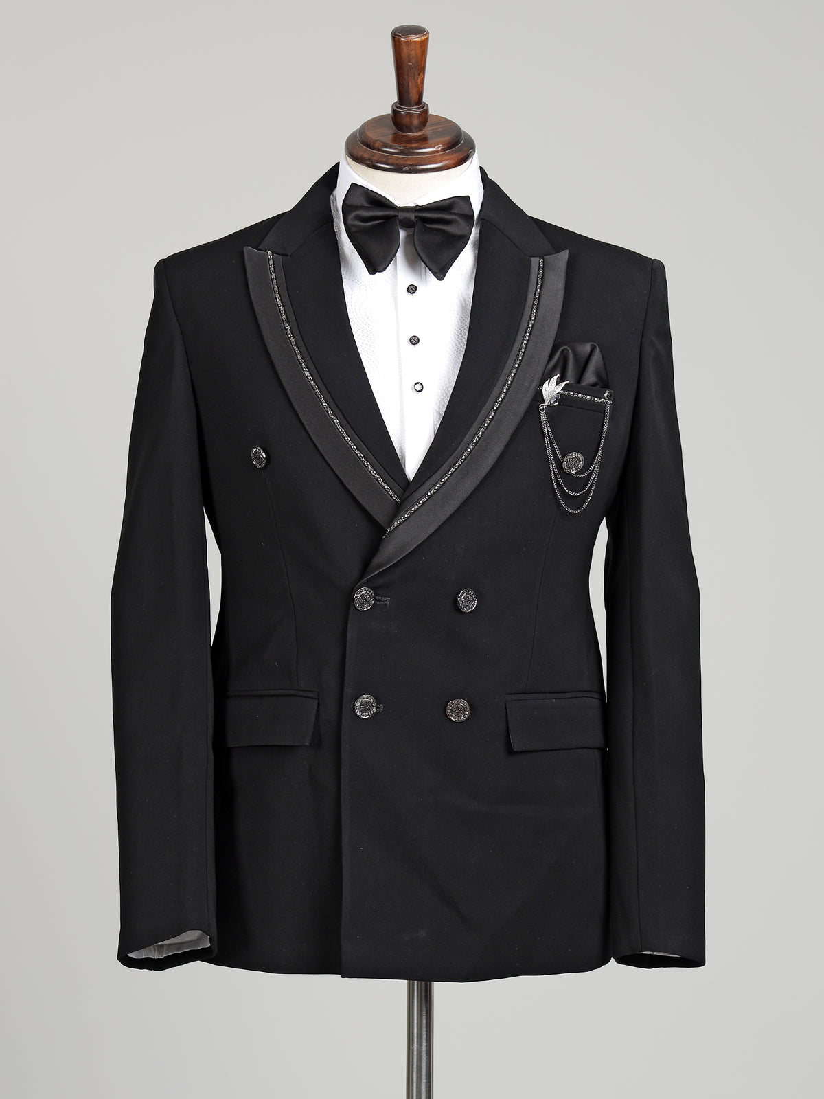Jet black double-breasted tuxedo suit with crystal-bead piping