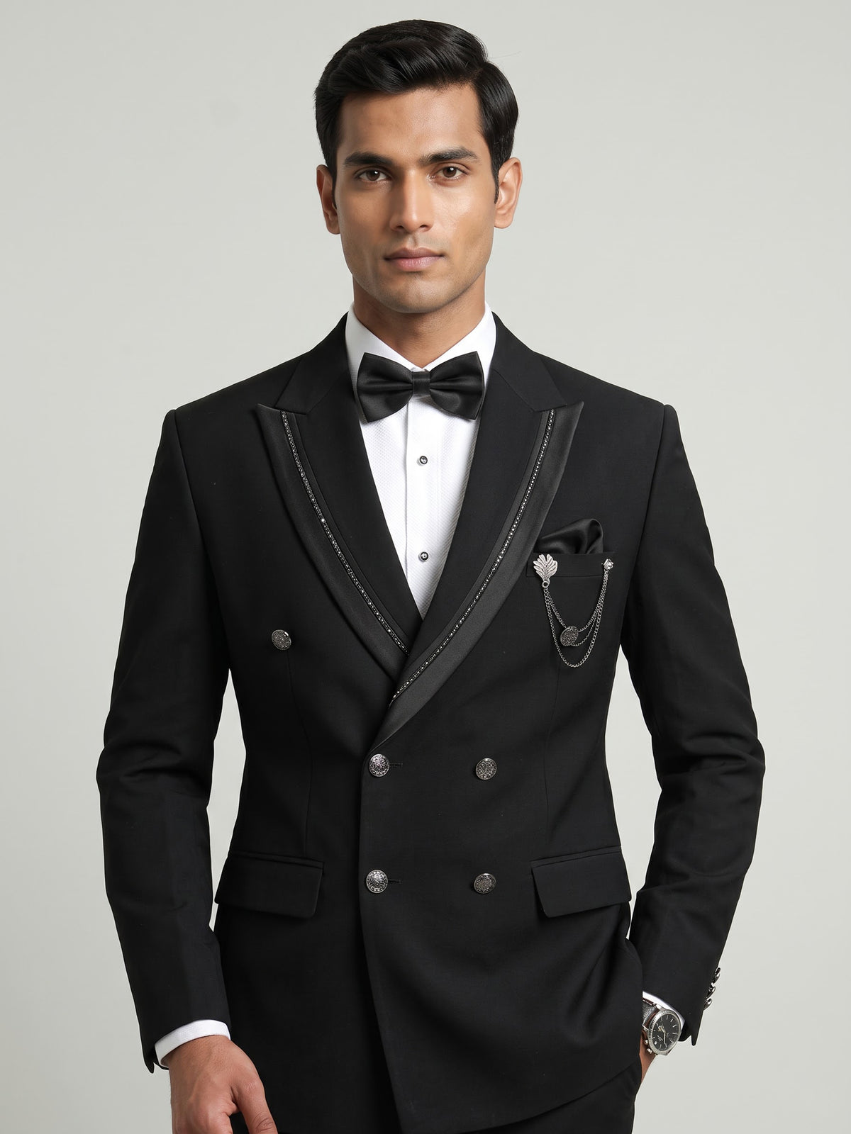 Jet black double-breasted tuxedo suit with crystal-bead piping