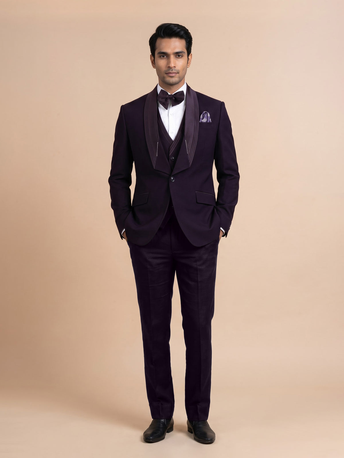 Midnight wine three-piece tuxedo suit with pleated satin lapel