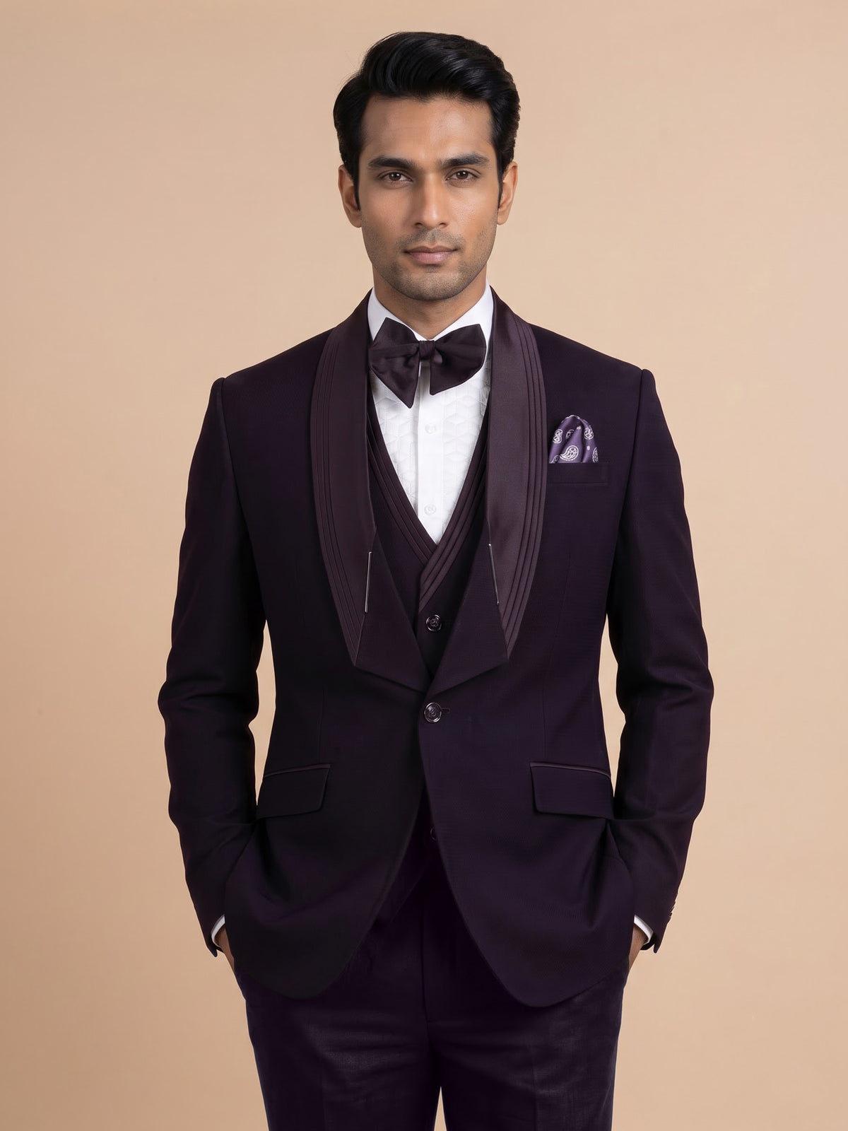 Midnight wine three-piece tuxedo suit with pleated satin lapel
