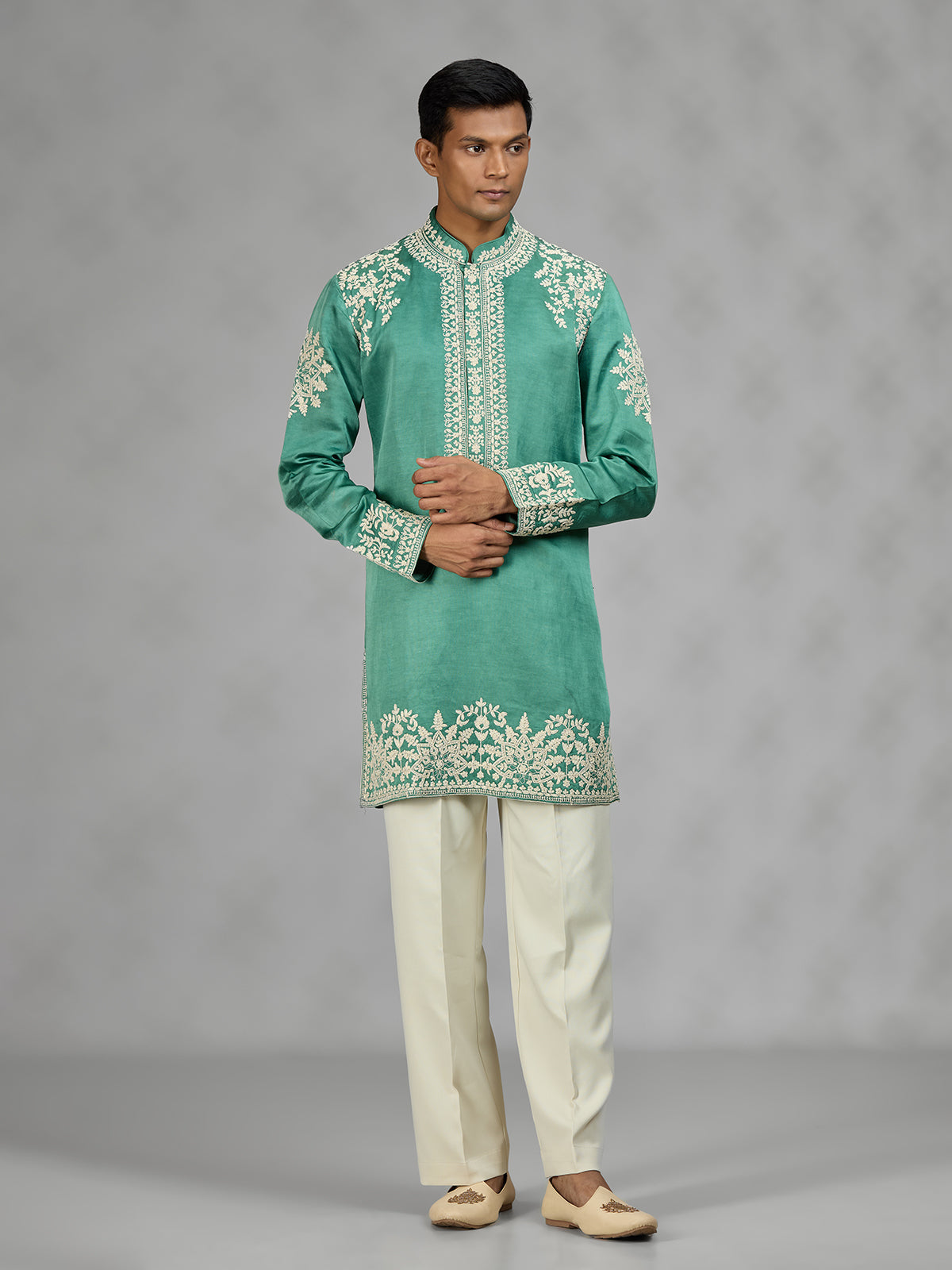 Green Kashmiri floral mens kurta suit
