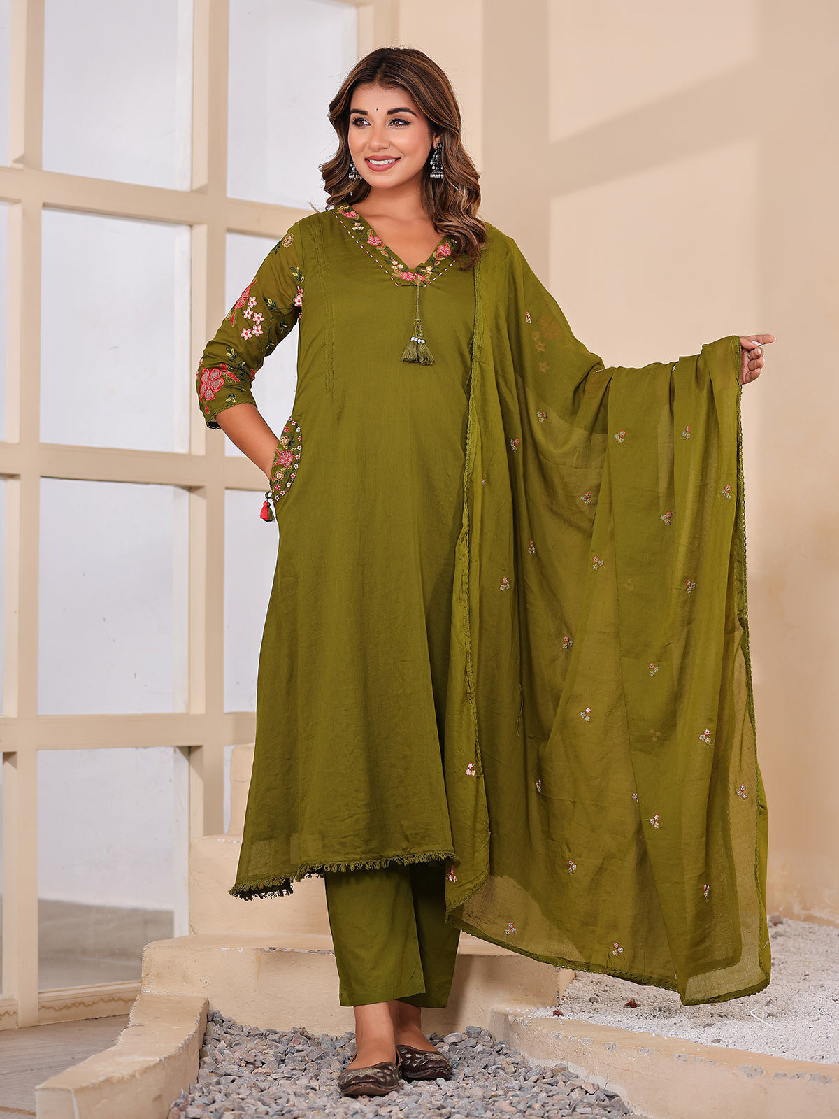 Olive green floral women kurti set