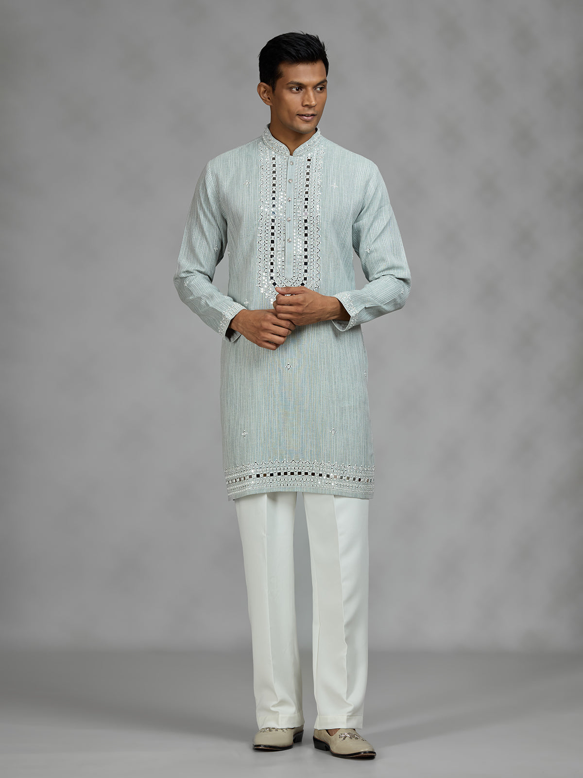 Pista green geometric mens kurta suit