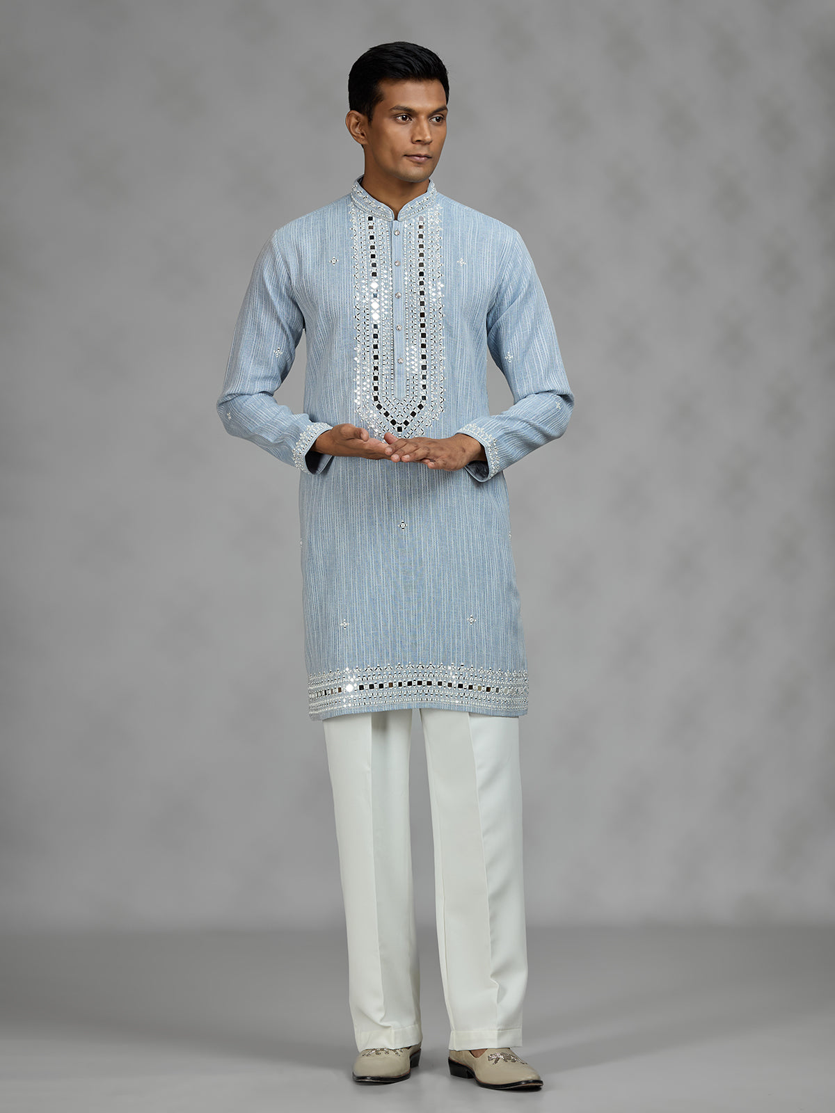 Mint blue geometric mens kurta suit