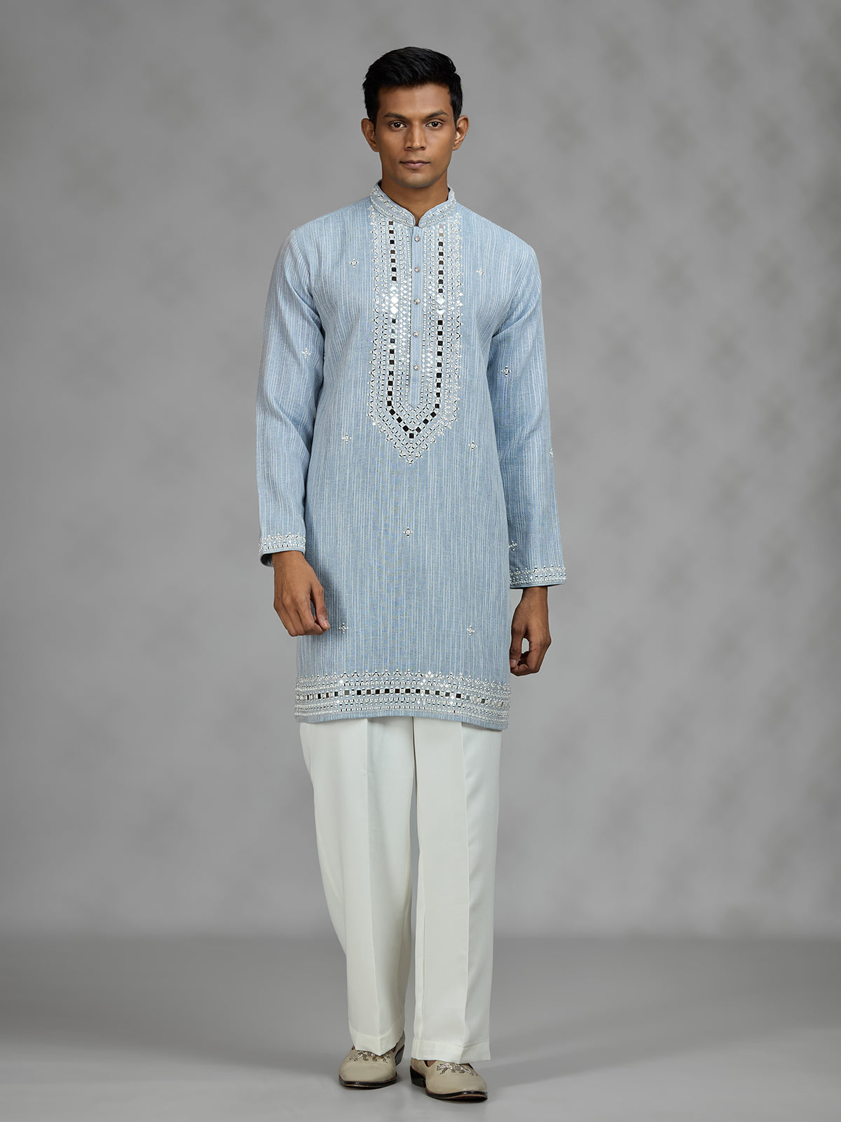 Mint blue geometric mens kurta suit