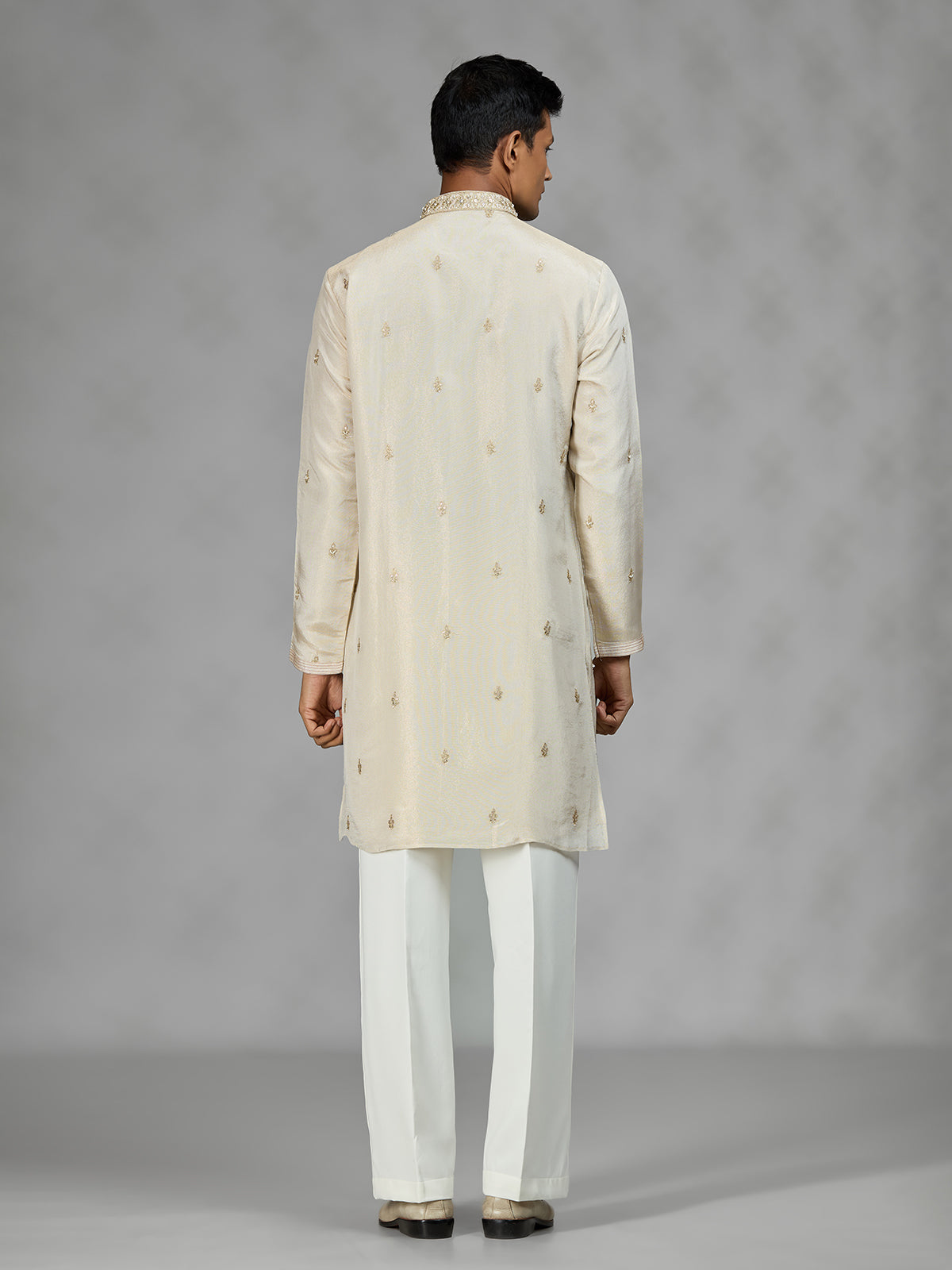 Cream floral grid mens kurta suit