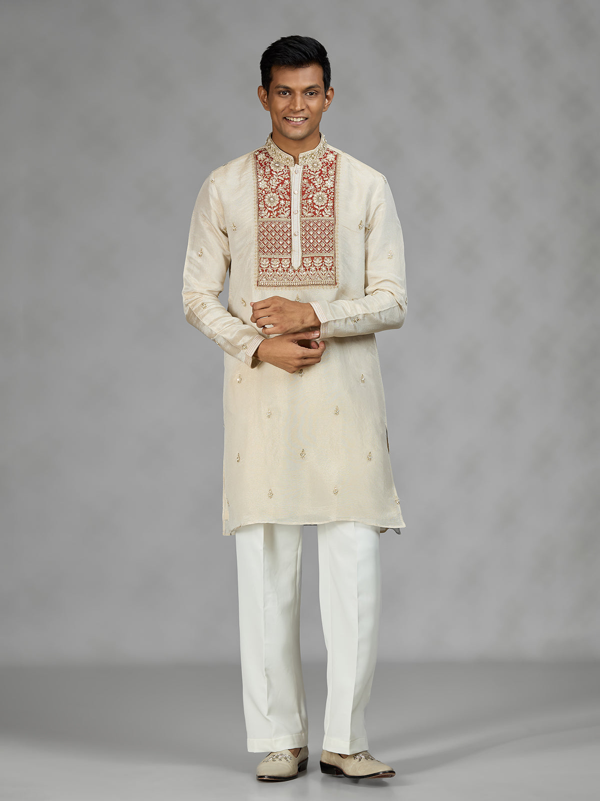 Cream floral grid mens kurta suit