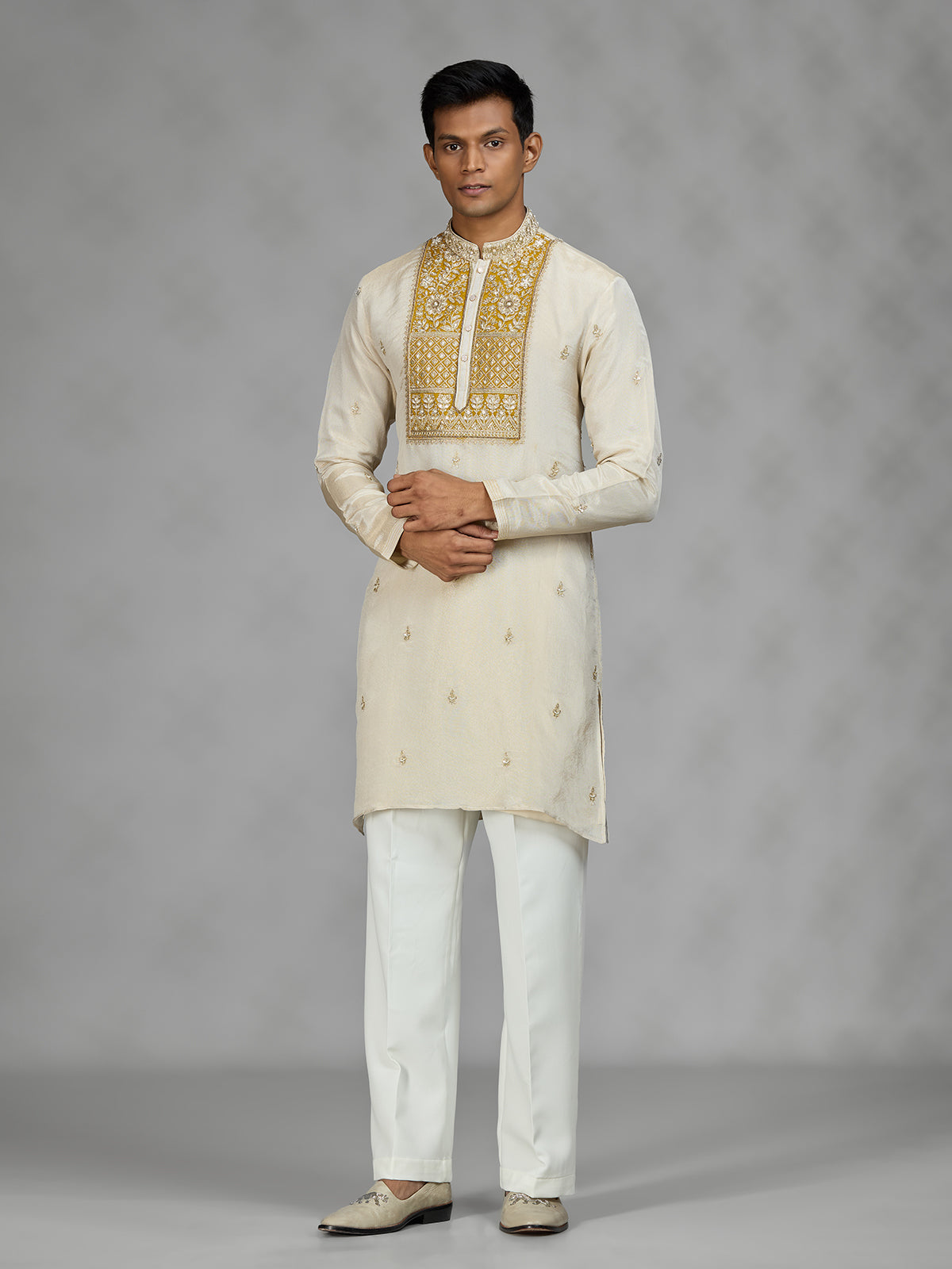 Cream ivory floral mens kurta suit