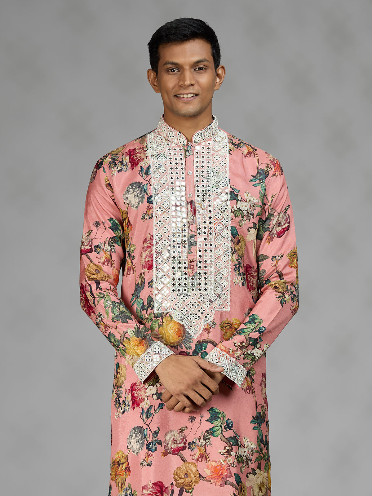 Pink vintage tapestry mens kurta suit