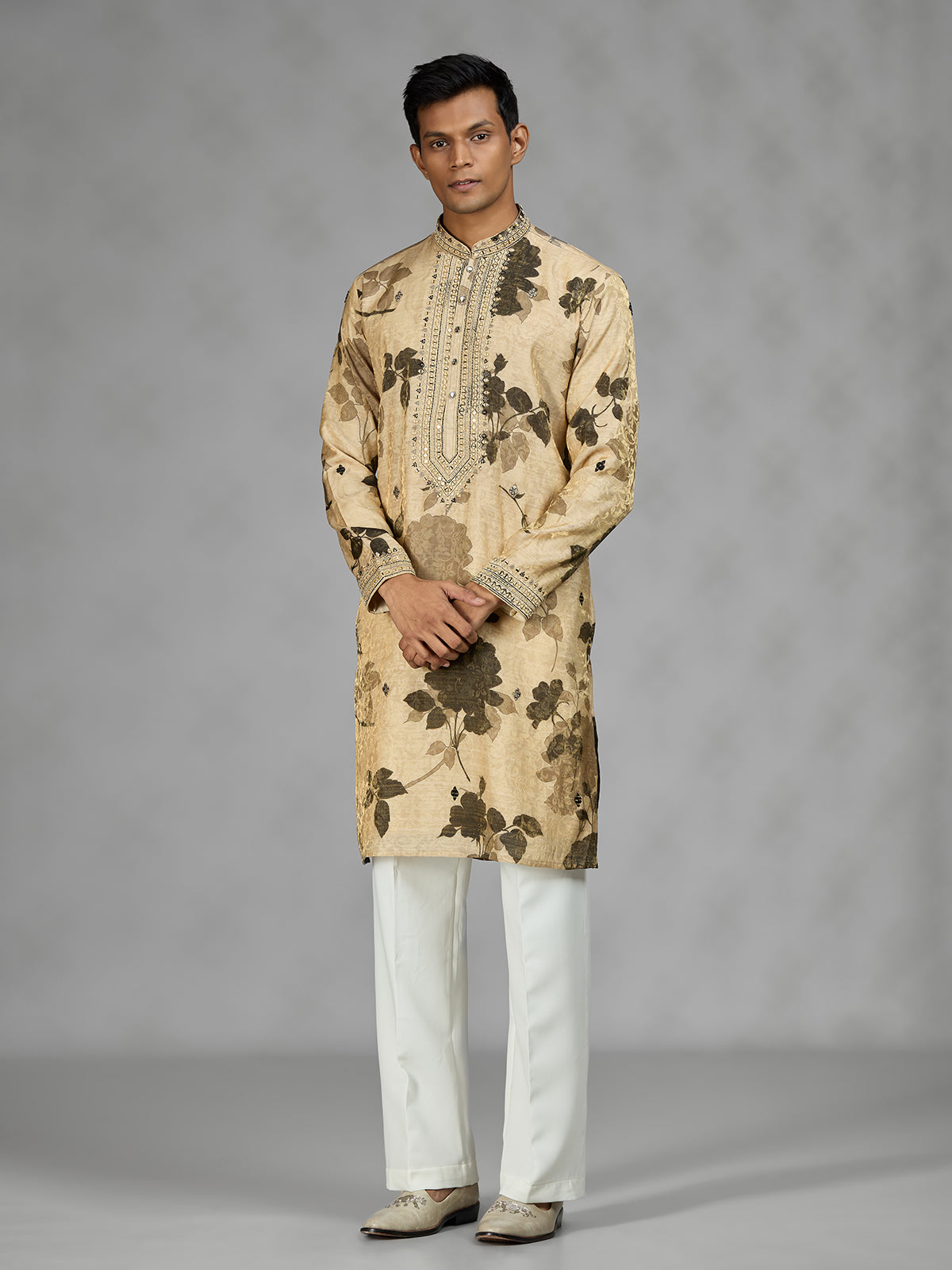 Beige botanical shadow mens kurta suit