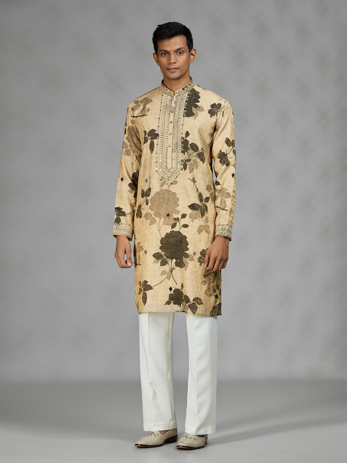 Beige botanical shadow mens kurta suit